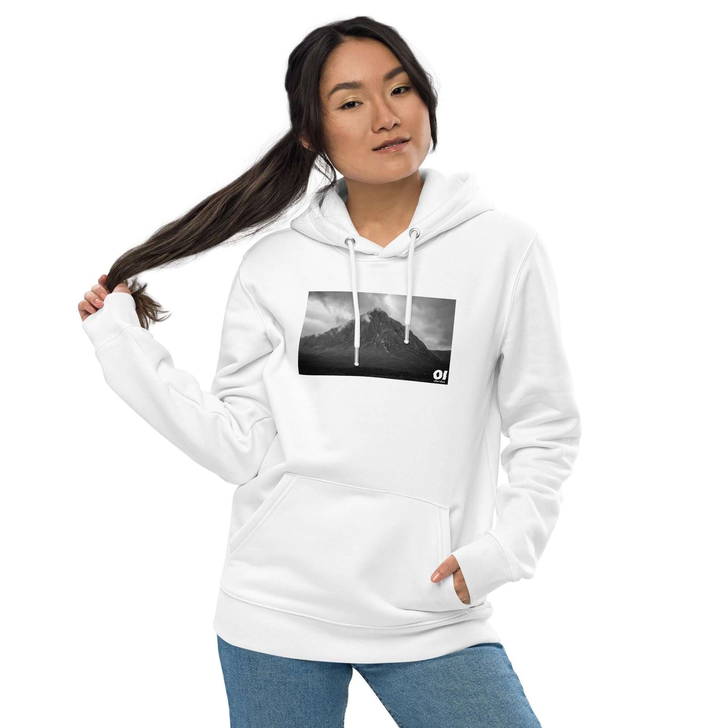 other ideas eco streetwear women's classic white sweatshirt hoodie with atmospheric mountain photo print organic cotton blend jersey sustainable slow fashion modelled front view with hood down