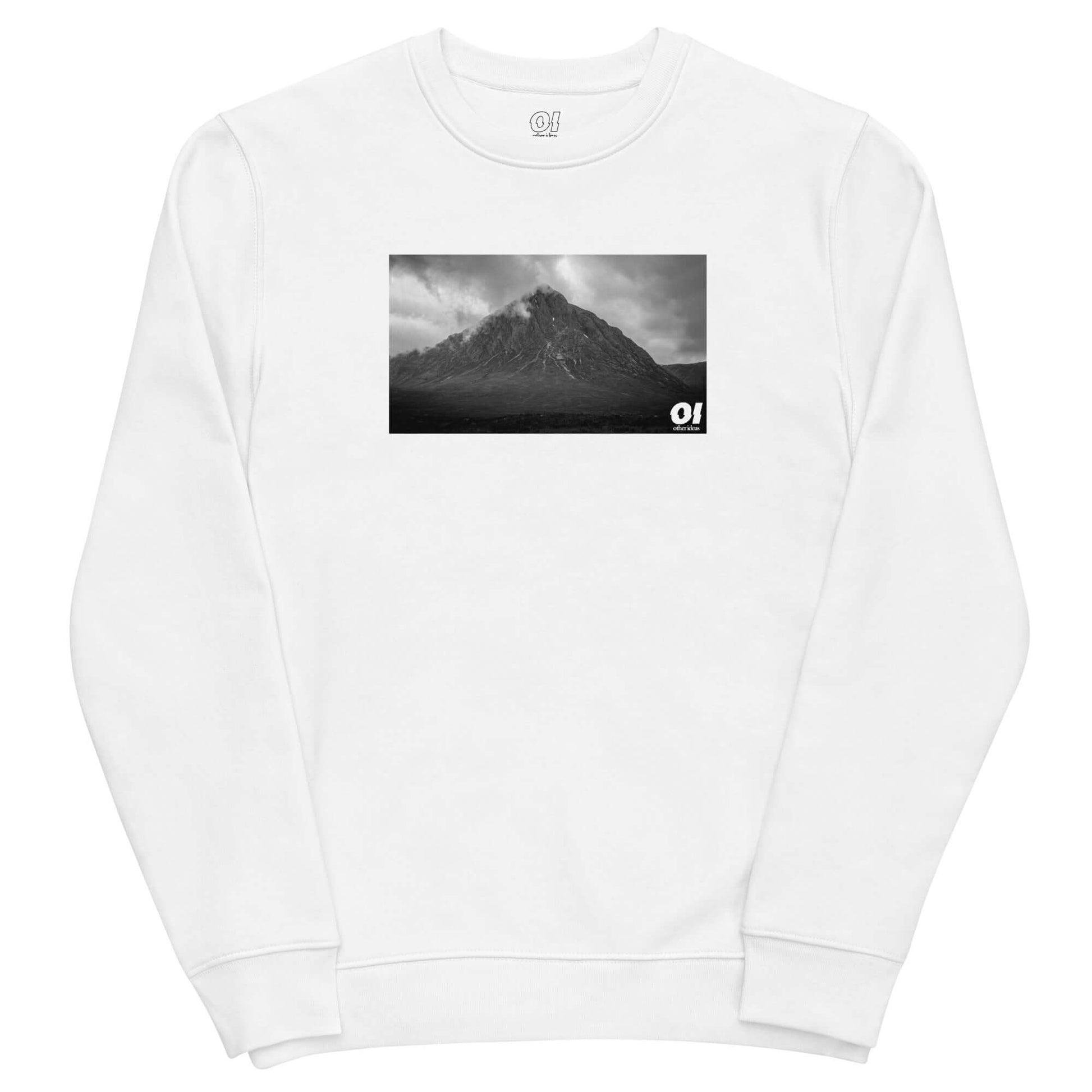 other ideas eco streetwear women's classic white sweatshirt with wild mountain photo print organic cotton blend jersey sustainable slow fashion flat front view