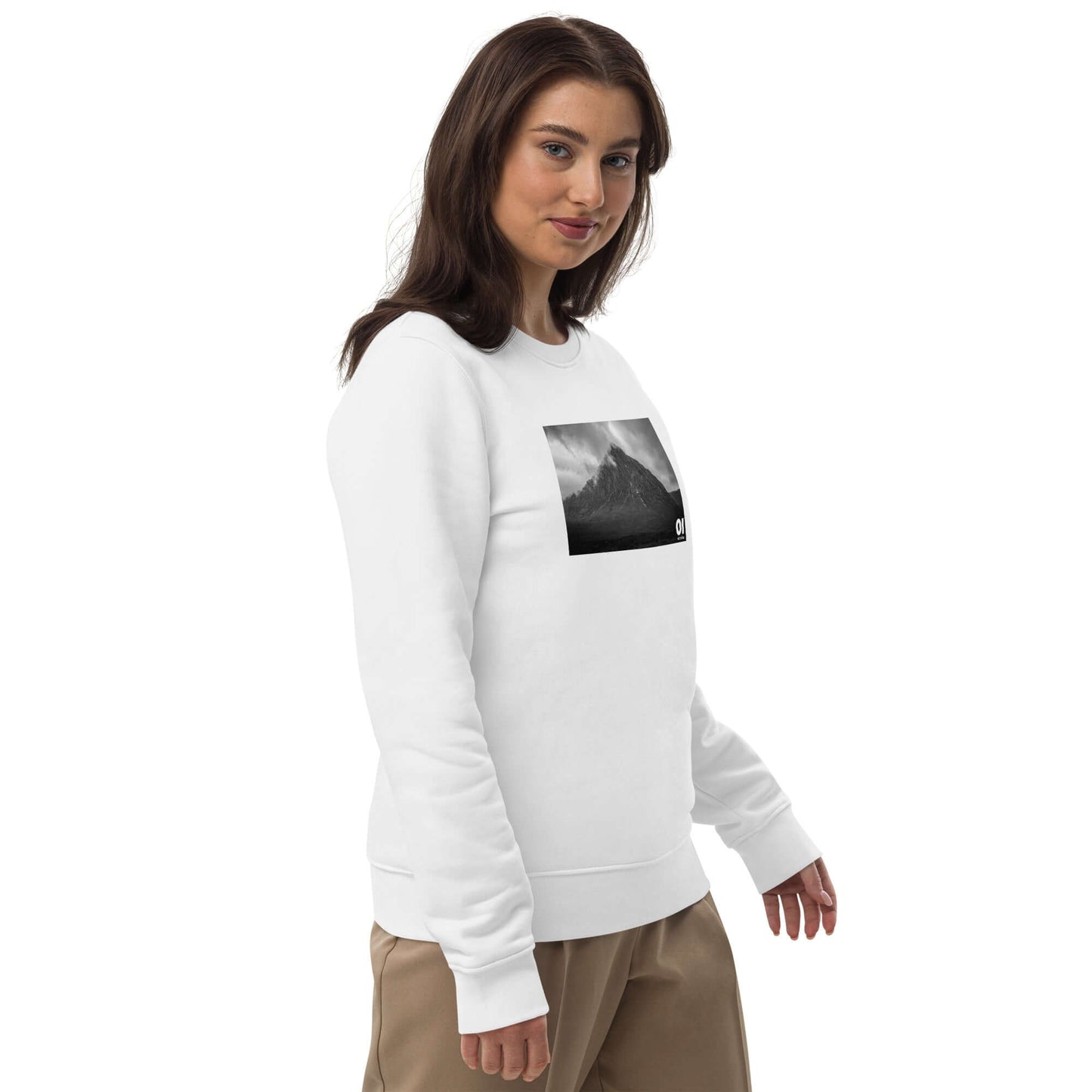 other ideas eco streetwear women's classic white sweatshirt with wild mountain photo print organic cotton blend jersey sustainable slow fashion modelled front view