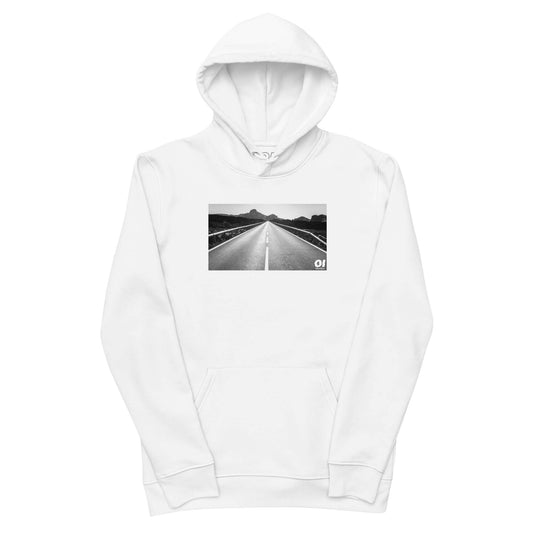 other ideas eco streetwear women's classic white sweatshirt hoodie with open road photo print organic cotton blend jersey sustainable slow fashion flat front view with hood up