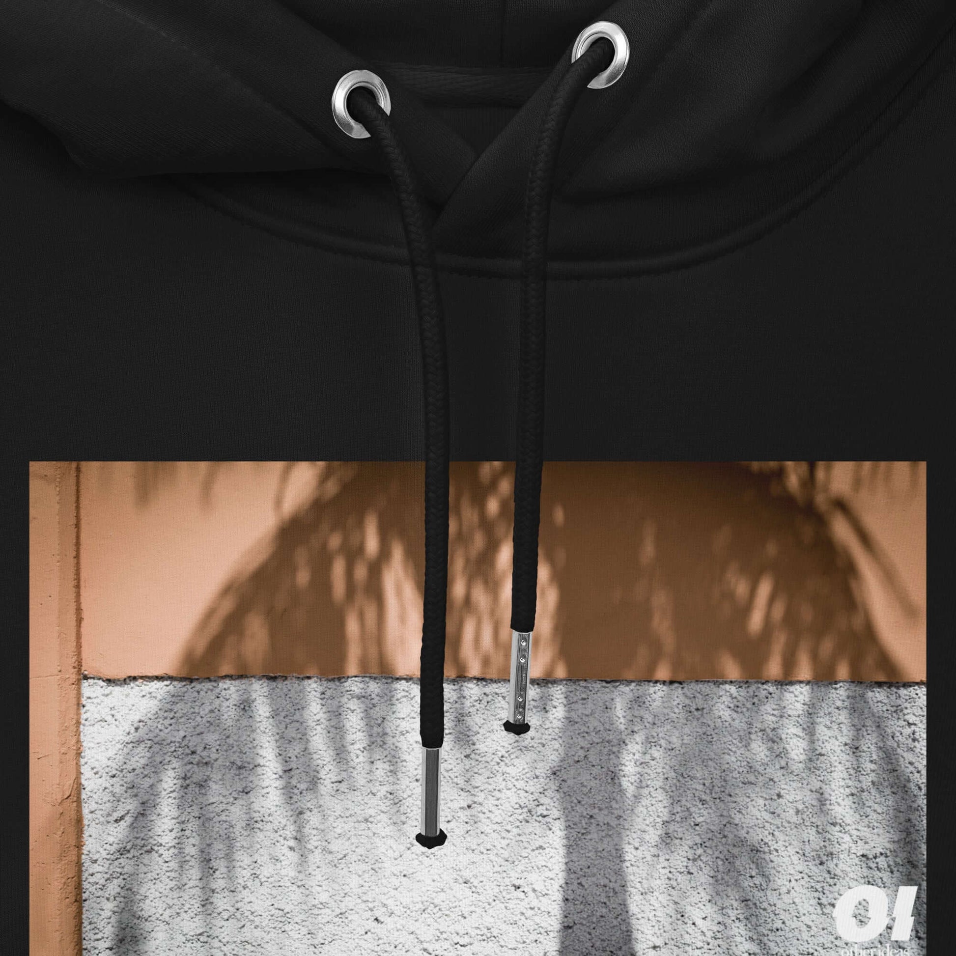 other ideas eco streetwear women's classic black sweatshirt hoodie with colour palm tree shadow photo print organic cotton blend jersey sustainable slow fashion flat front view with drawstring and photo detail