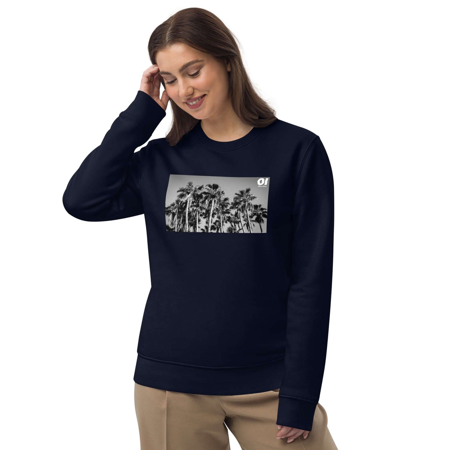 other ideas eco streetwear women's classic french navy blue sweatshirt with black and white palm trees photo print organic cotton blend jersey sustainable slow fashion modelled front view