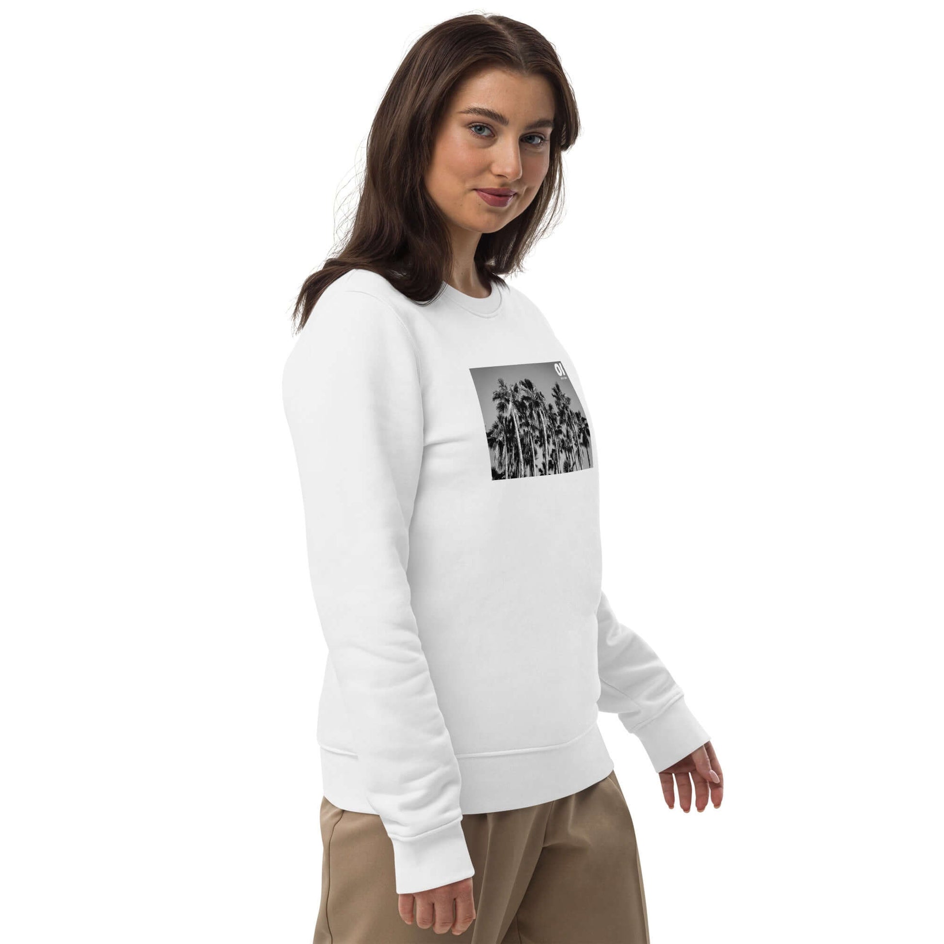 other ideas eco streetwear women's classic white sweatshirt with black and white palm trees photo print organic cotton blend jersey sustainable slow fashion modelled front view