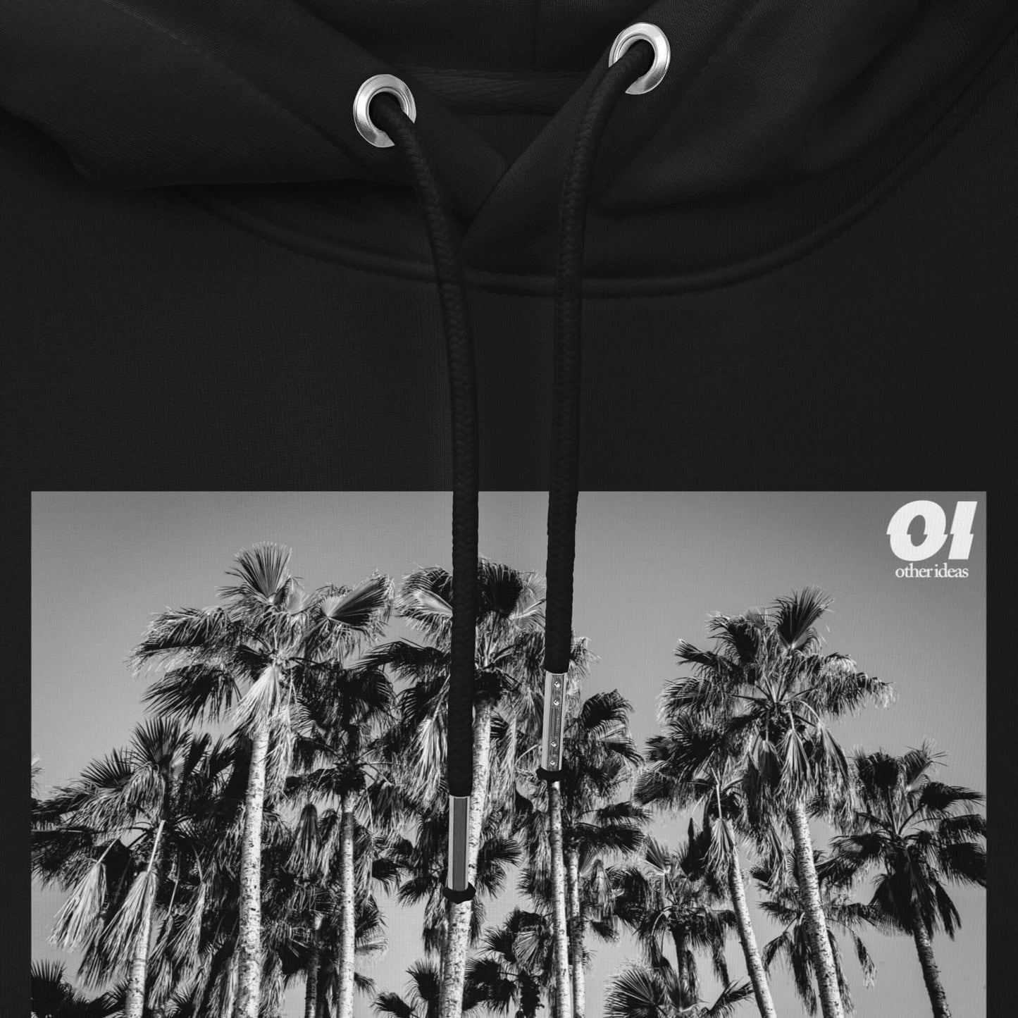 other ideas eco streetwear women's classic black sweatshirt hoodie palm trees photo print organic cotton blend jersey sustainable slow fashion flat front view showing photo and drawstring detail