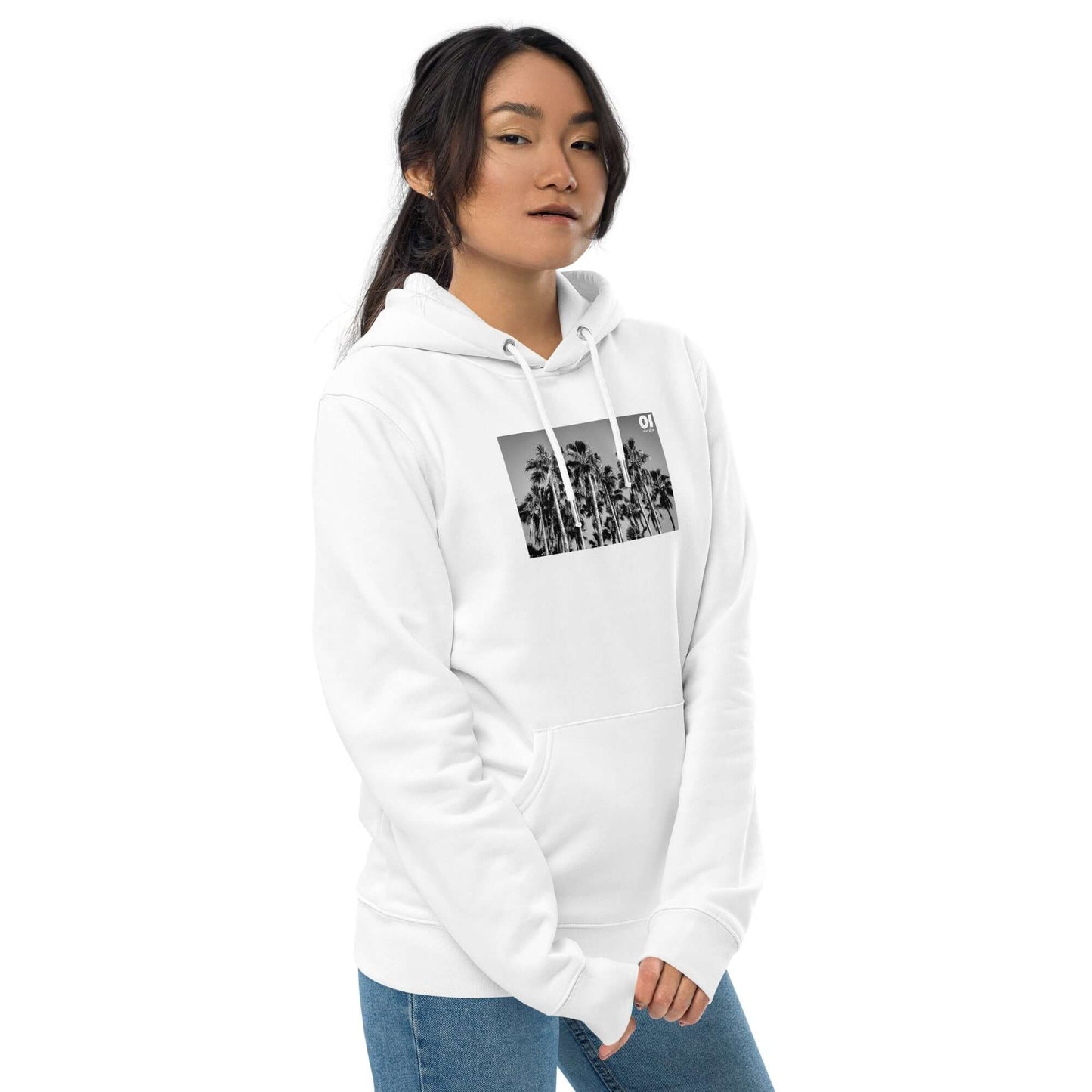 other ideas eco streetwear women's classic white sweatshirt hoodie palm trees photo print organic cotton blend jersey sustainable slow fashion modelled front view with hood up