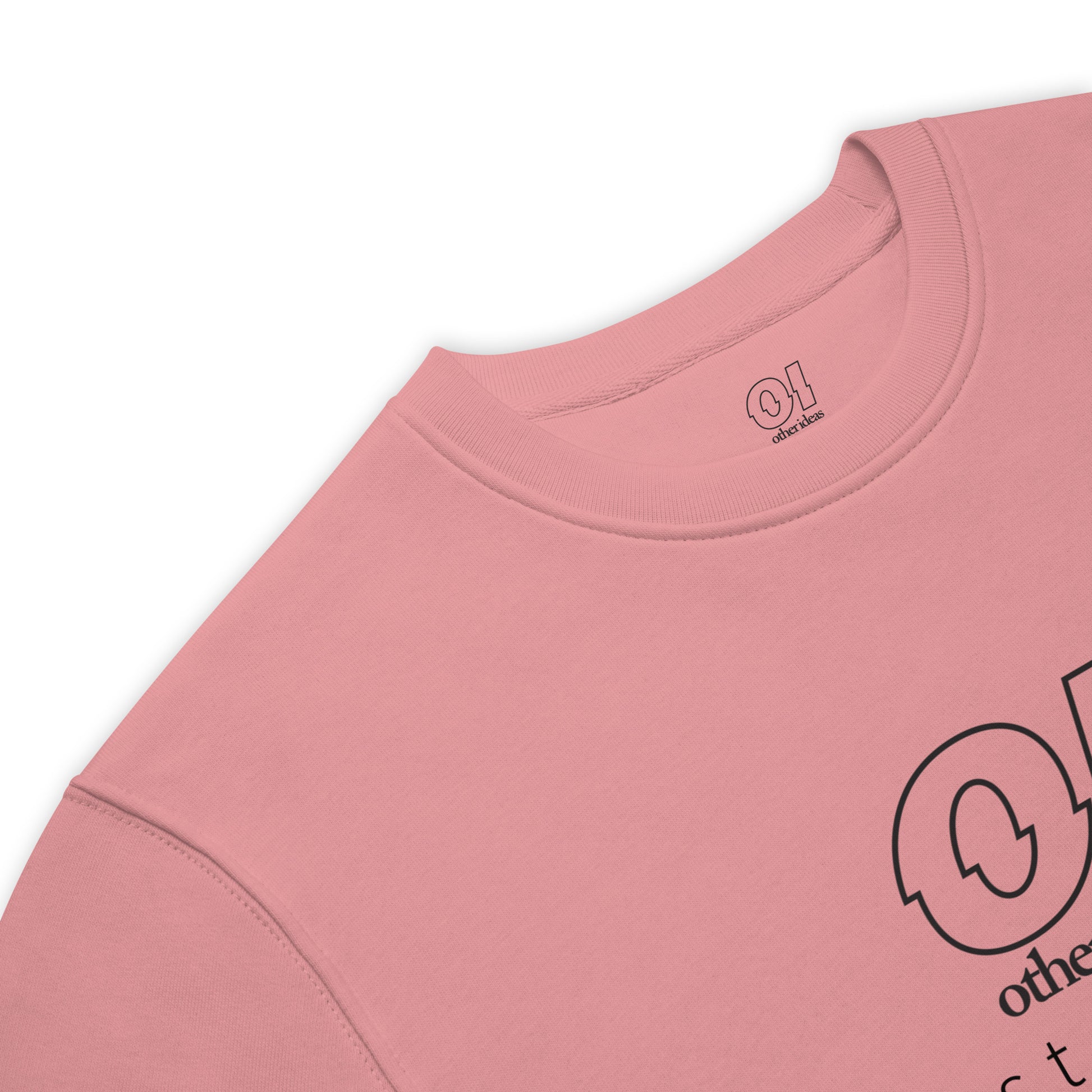 other ideas eco streetwear women's canyon pink sweatshirt logo printed organic cotton blend jersey sustainable slow fashion flat front view showing ribbed collar and logo detail