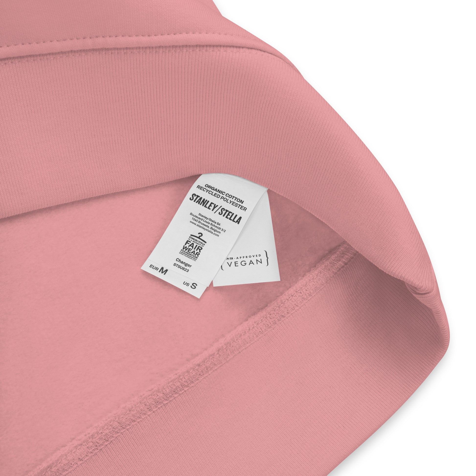 other ideas eco streetwear women's canyon pink sweatshirt logo printed organic cotton blend jersey sustainable slow fashion inside ethical fair wear label detail view