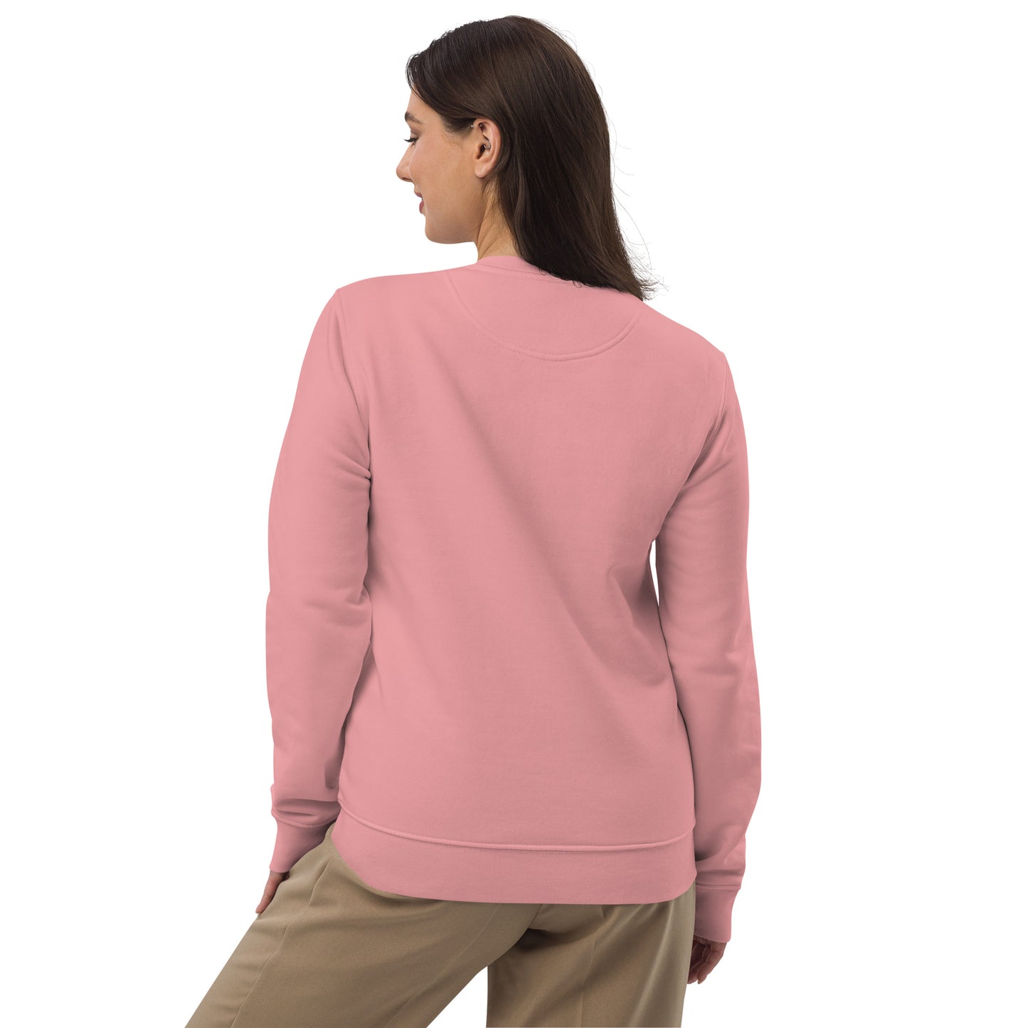 other ideas eco streetwear women's canyon pink sweatshirt logo printed organic cotton blend jersey sustainable slow fashion modelled back view