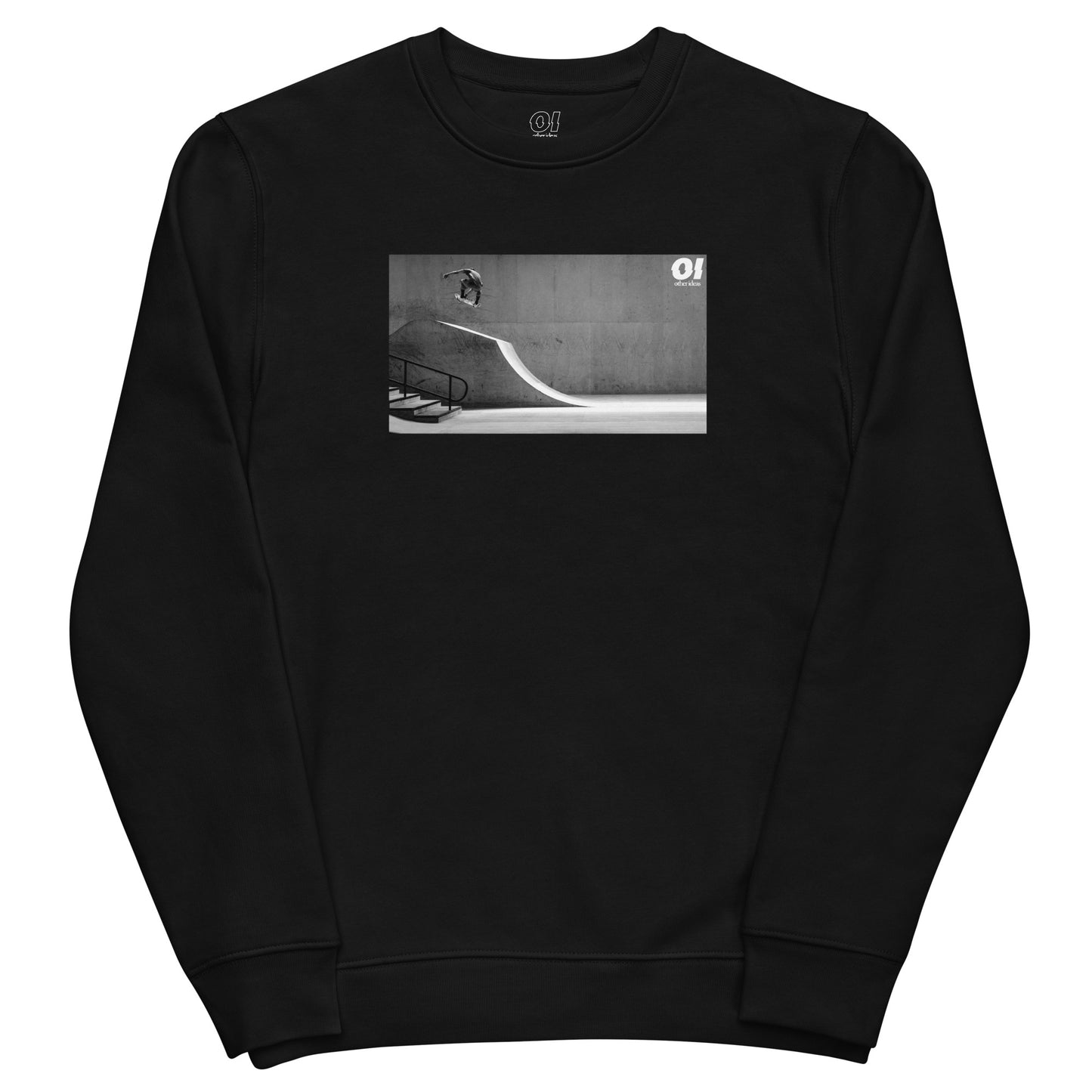 other ideas eco streetwear women's classic black sweatshirt with black and white skateboarding air photo print organic cotton blend jersey sustainable slow fashion flat front view