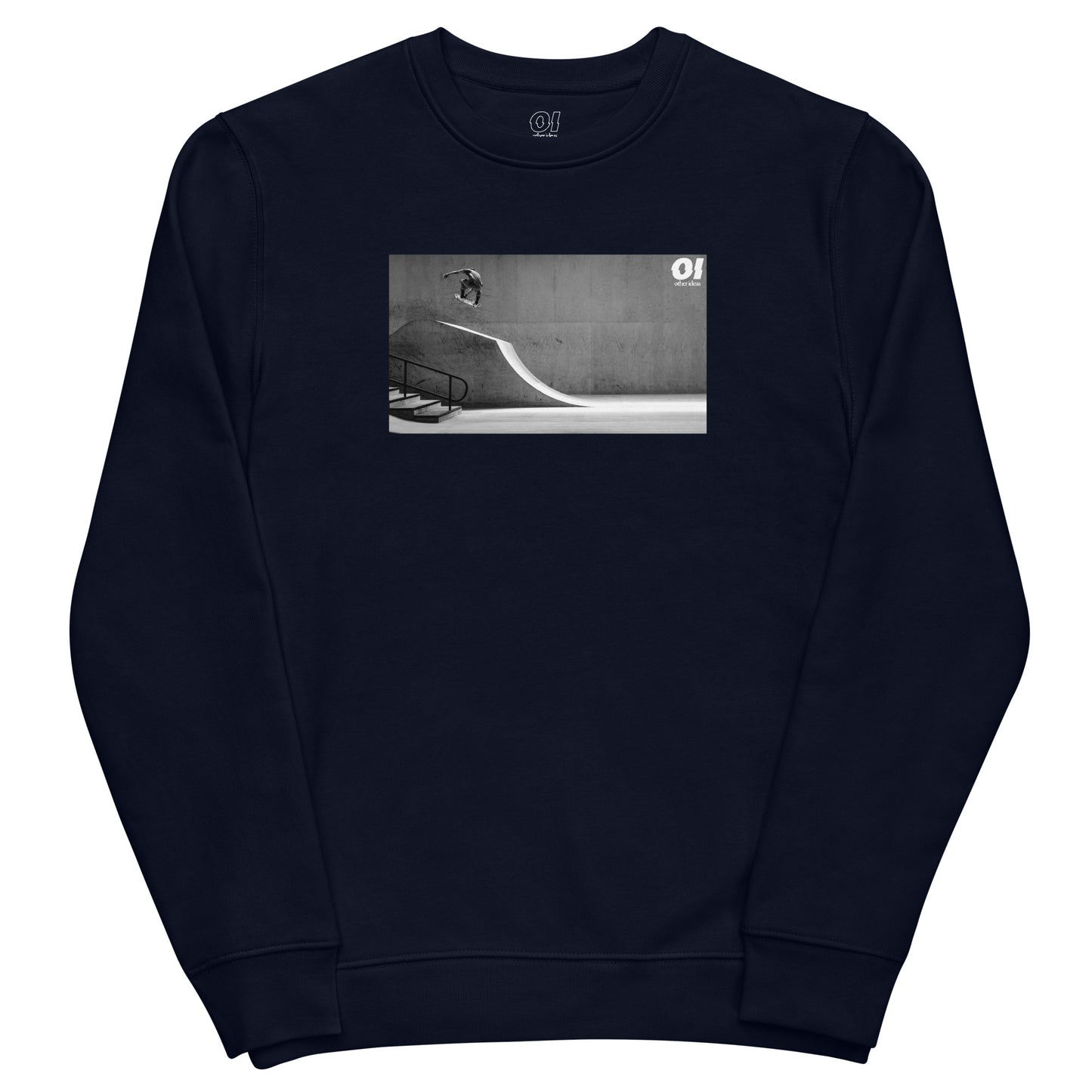 other ideas eco streetwear women's classic french navy blue sweatshirt with black and white skateboarding air photo print organic cotton blend jersey sustainable slow fashion flat front view