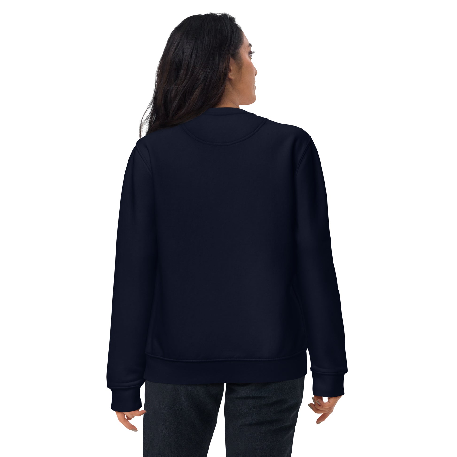 other ideas eco streetwear women's classic french navy blue sweatshirt with black and white skateboarding air photo print organic cotton blend jersey sustainable slow fashion modelled back view