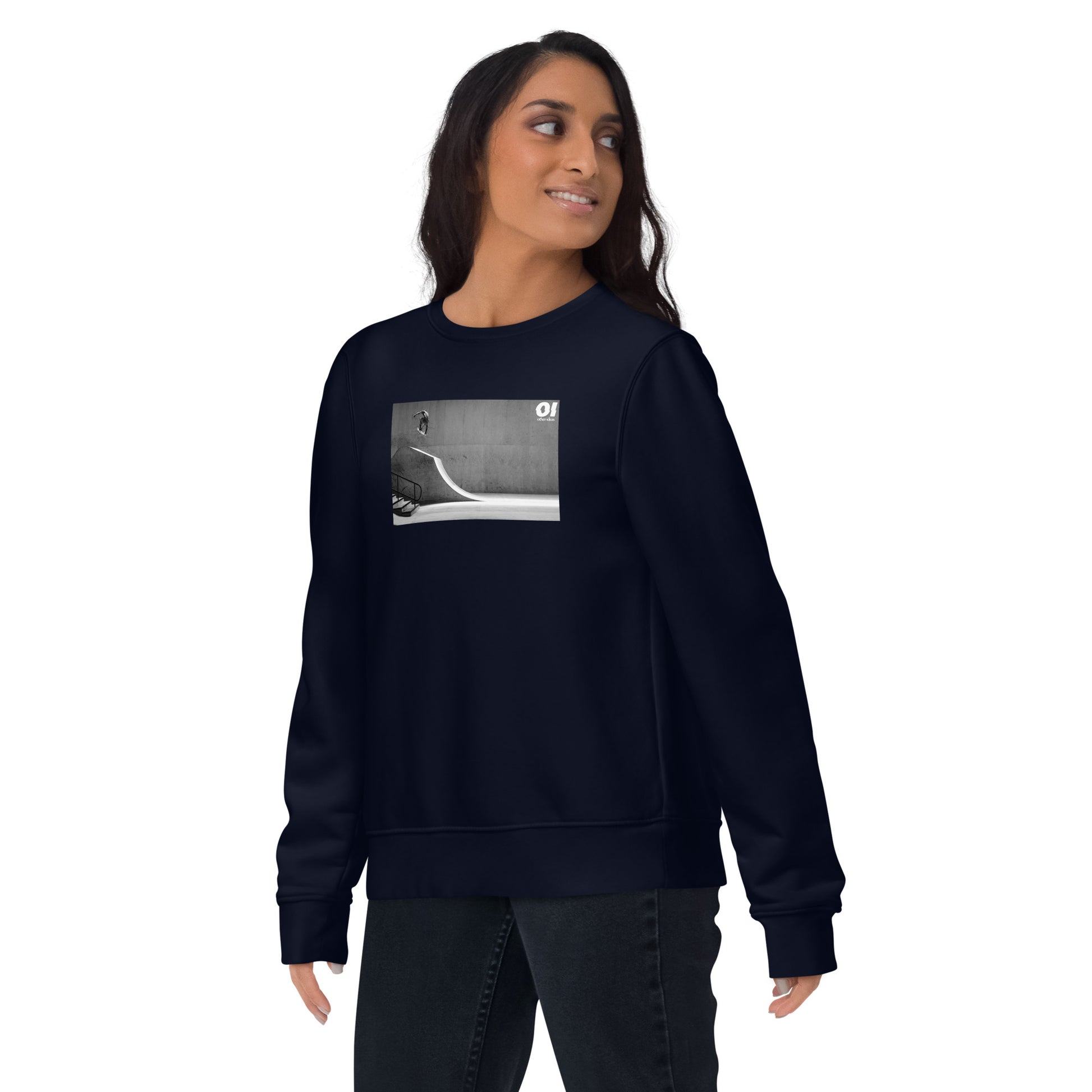 other ideas eco streetwear women's classic french navy blue sweatshirt with black and white skateboarding air photo print organic cotton blend jersey sustainable slow fashion modelled front view