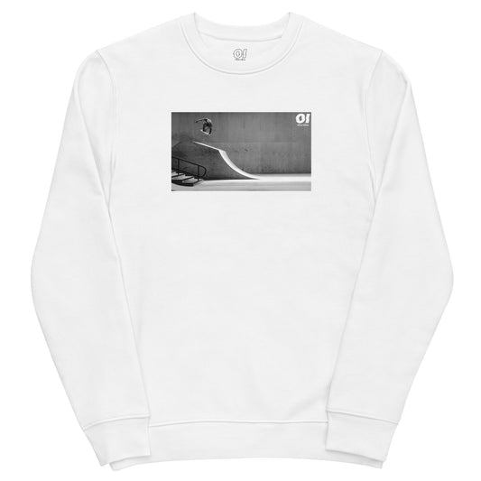 other ideas eco streetwear women's classic white sweatshirt with black and white skateboarding air photo print organic cotton blend jersey sustainable slow fashion flat front view