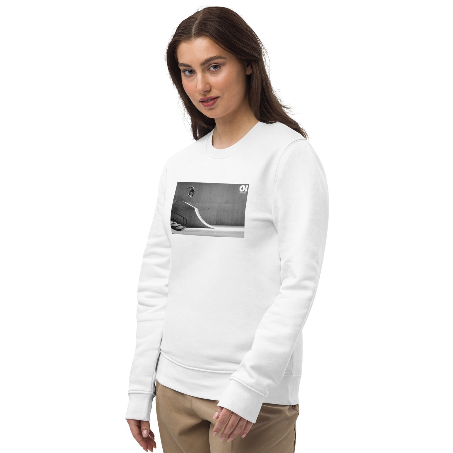 other ideas eco streetwear women's classic white sweatshirt with black and white skateboarding air photo print organic cotton blend jersey sustainable slow fashion modelled front view