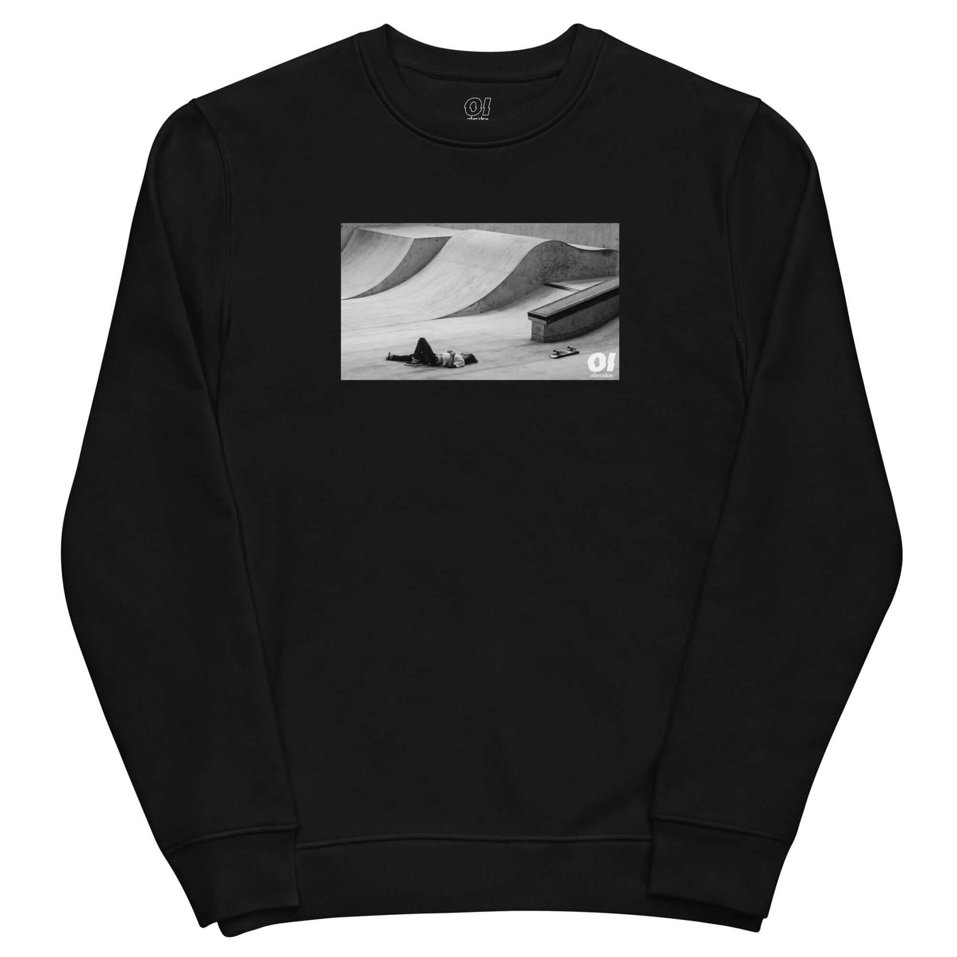 other ideas eco streetwear women's classic black sweatshirt with skateboarding fall photo print organic cotton blend jersey sustainable slow fashion flat front view