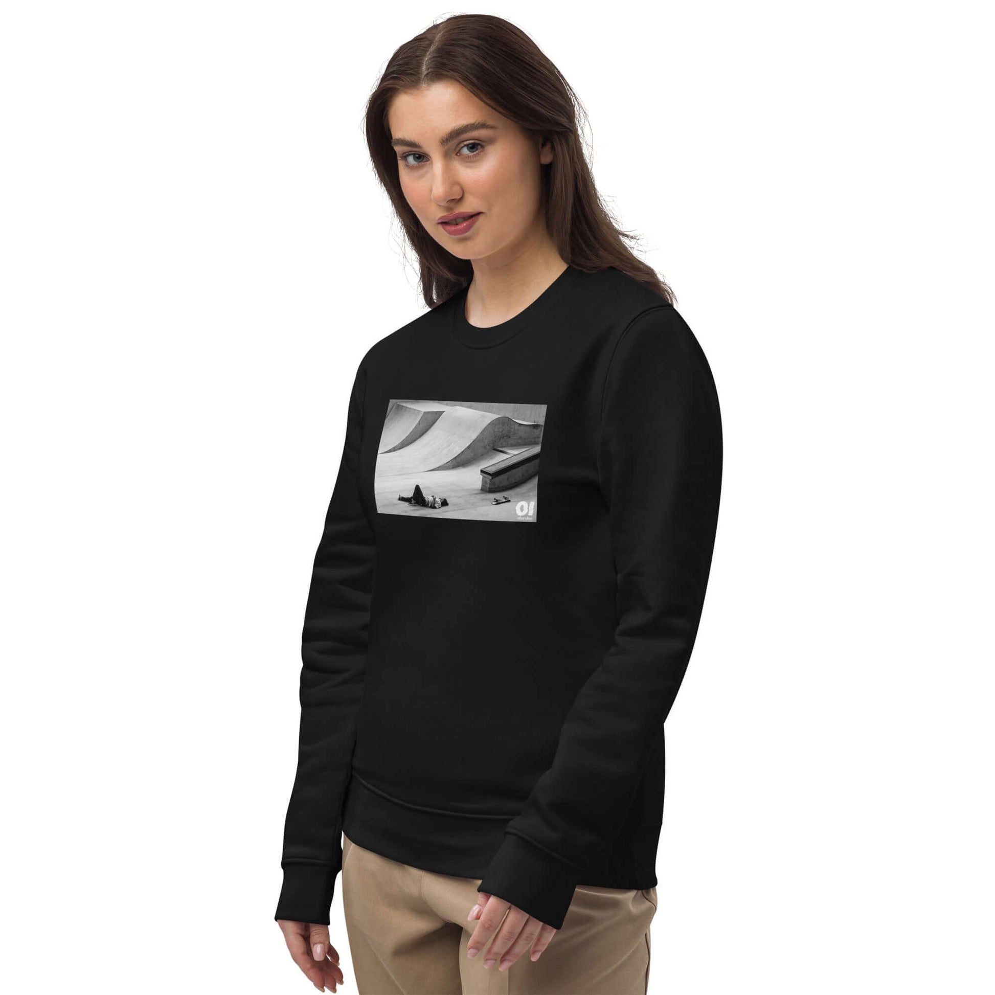 other ideas eco streetwear women's classic black sweatshirt with skateboarding fall photo print organic cotton blend jersey sustainable slow fashion modelled front view