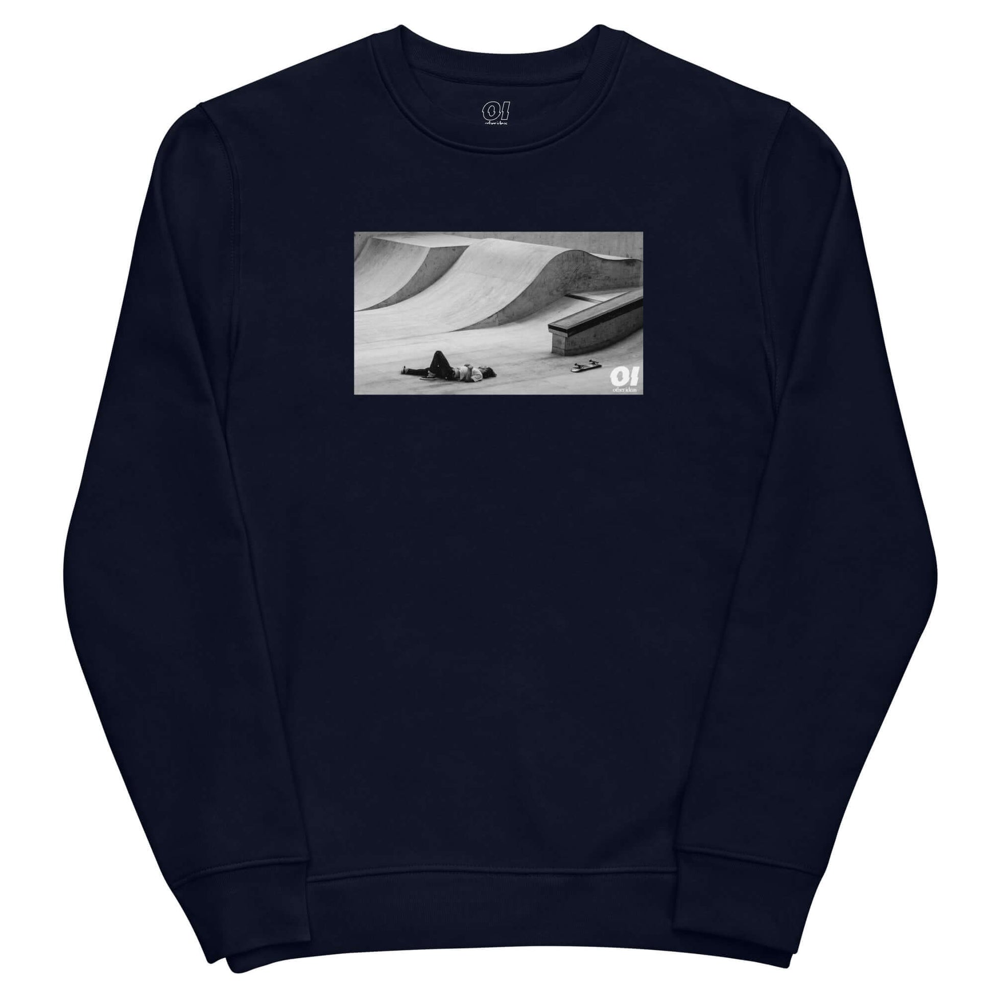 other ideas eco streetwear women's classic french navy blue sweatshirt with skateboarding fall photo print organic cotton blend jersey sustainable slow fashion flat front view