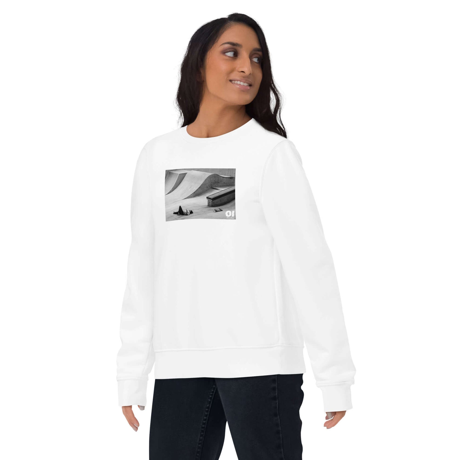 other ideas eco streetwear women's classic white sweatshirt with skateboarding fall photo print organic cotton blend jersey sustainable slow fashion modelled front view