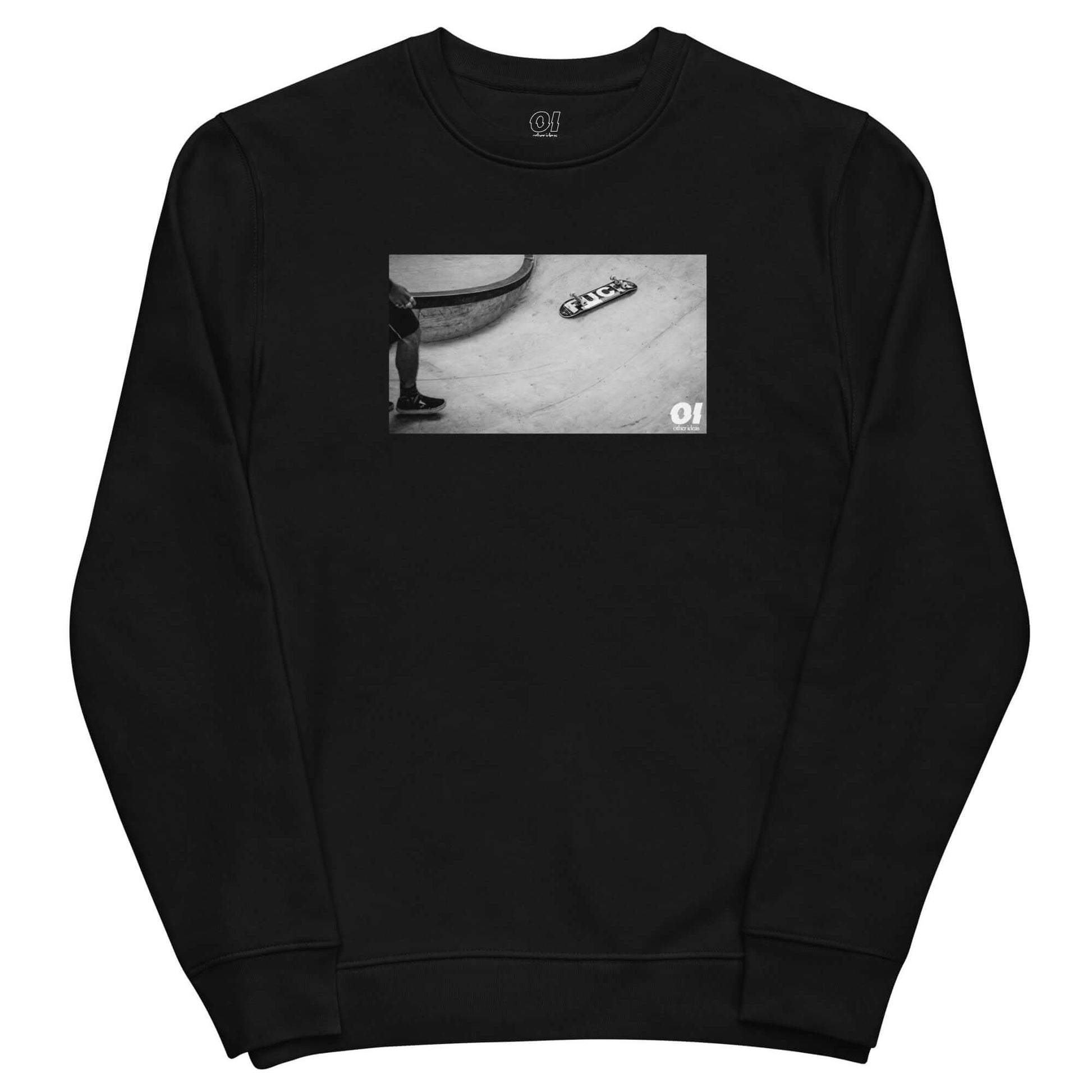 other ideas eco streetwear women's classic black sweatshirt with black and white skateboarding fuck photo print organic cotton blend jersey sustainable slow fashion flat front view