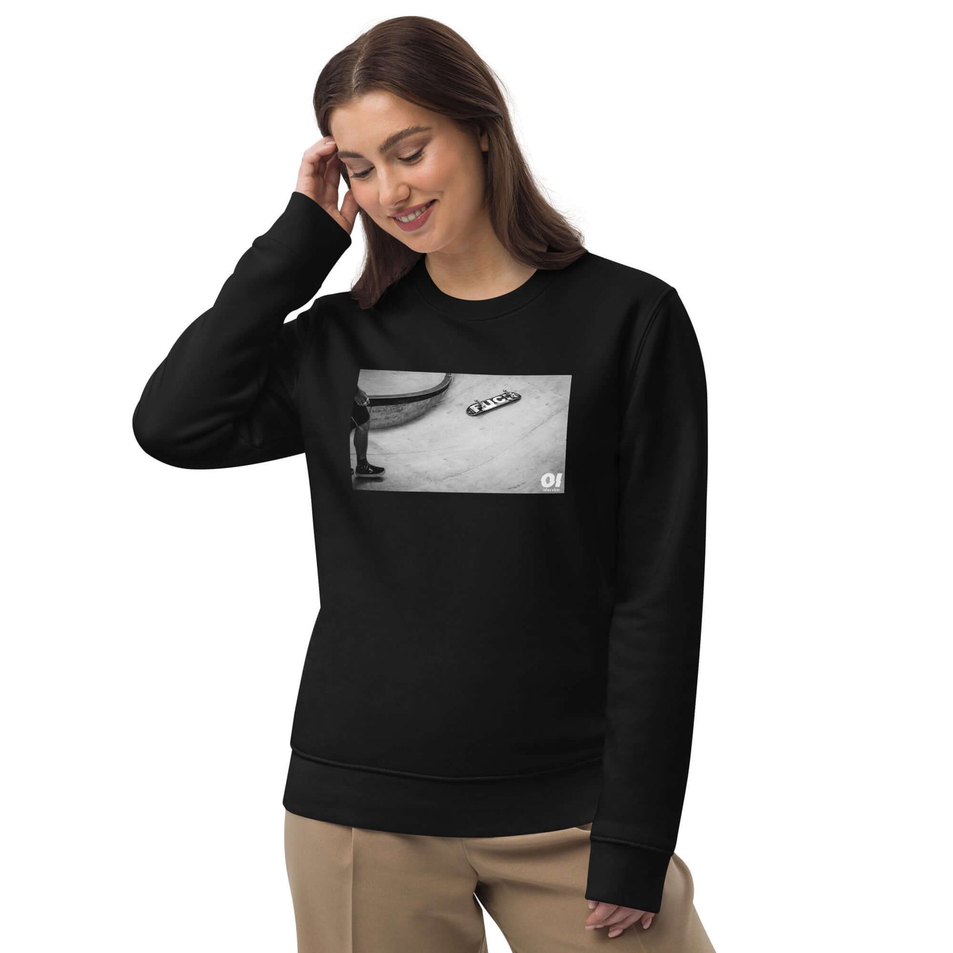 other ideas eco streetwear women's classic black sweatshirt with black and white skateboarding fuck photo print organic cotton blend jersey sustainable slow fashion modelled front view