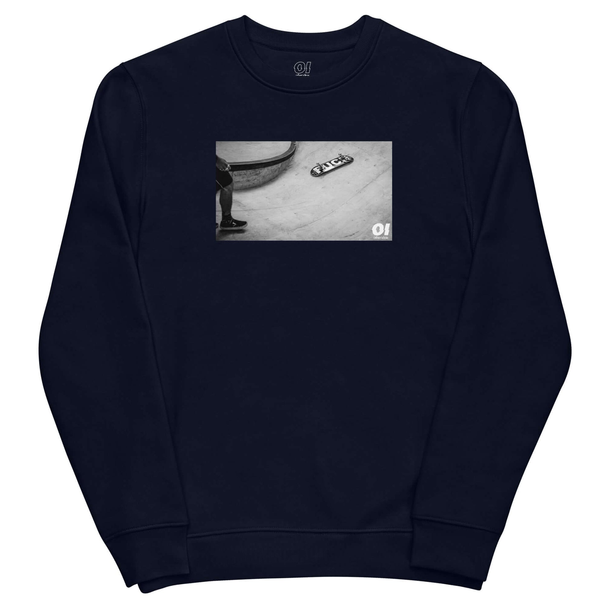 other ideas eco streetwear women's classic french navy blue sweatshirt with black and white skateboarding fuck photo print organic cotton blend jersey sustainable slow fashion flat front view