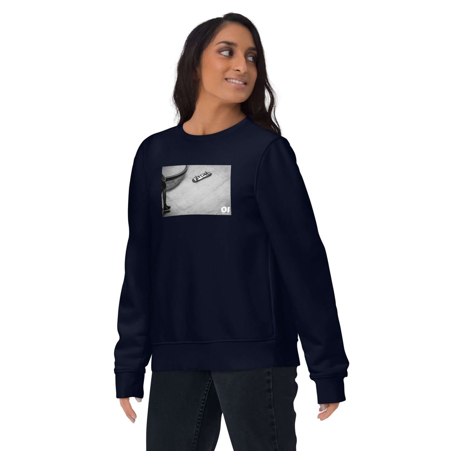 other ideas eco streetwear women's classic french navy blue sweatshirt with black and white skateboarding fuck photo print organic cotton blend jersey sustainable slow fashion modelled front view