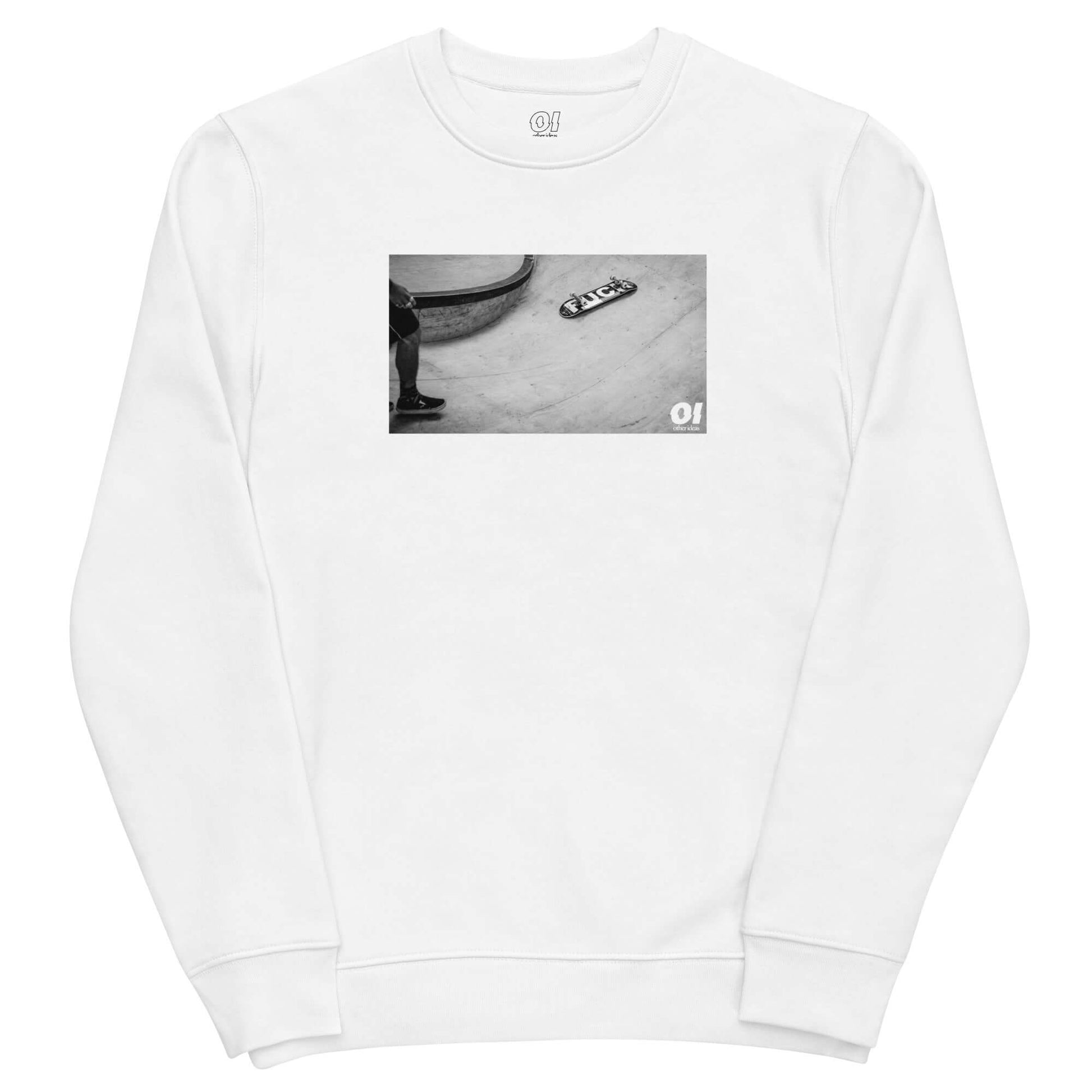 other ideas eco streetwear women's classic white sweatshirt with black and white skateboarding fuck photo print organic cotton blend jersey sustainable slow fashion flat front view