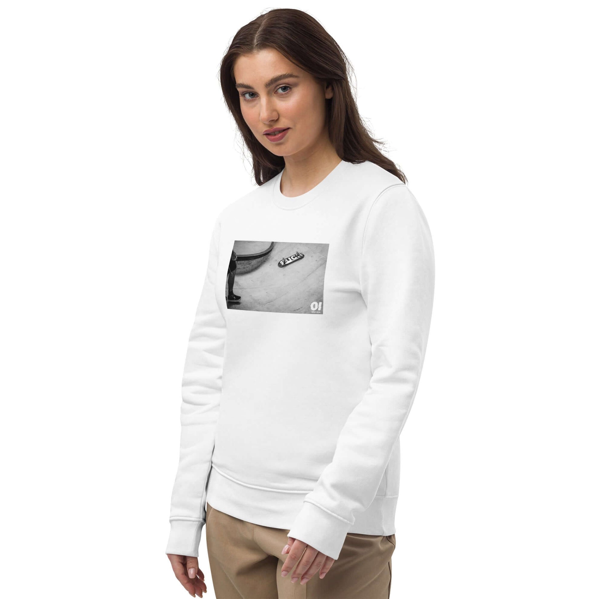 other ideas eco streetwear women's classic white sweatshirt with black and white skateboarding fuck photo print organic cotton blend jersey sustainable slow fashion modelled front view