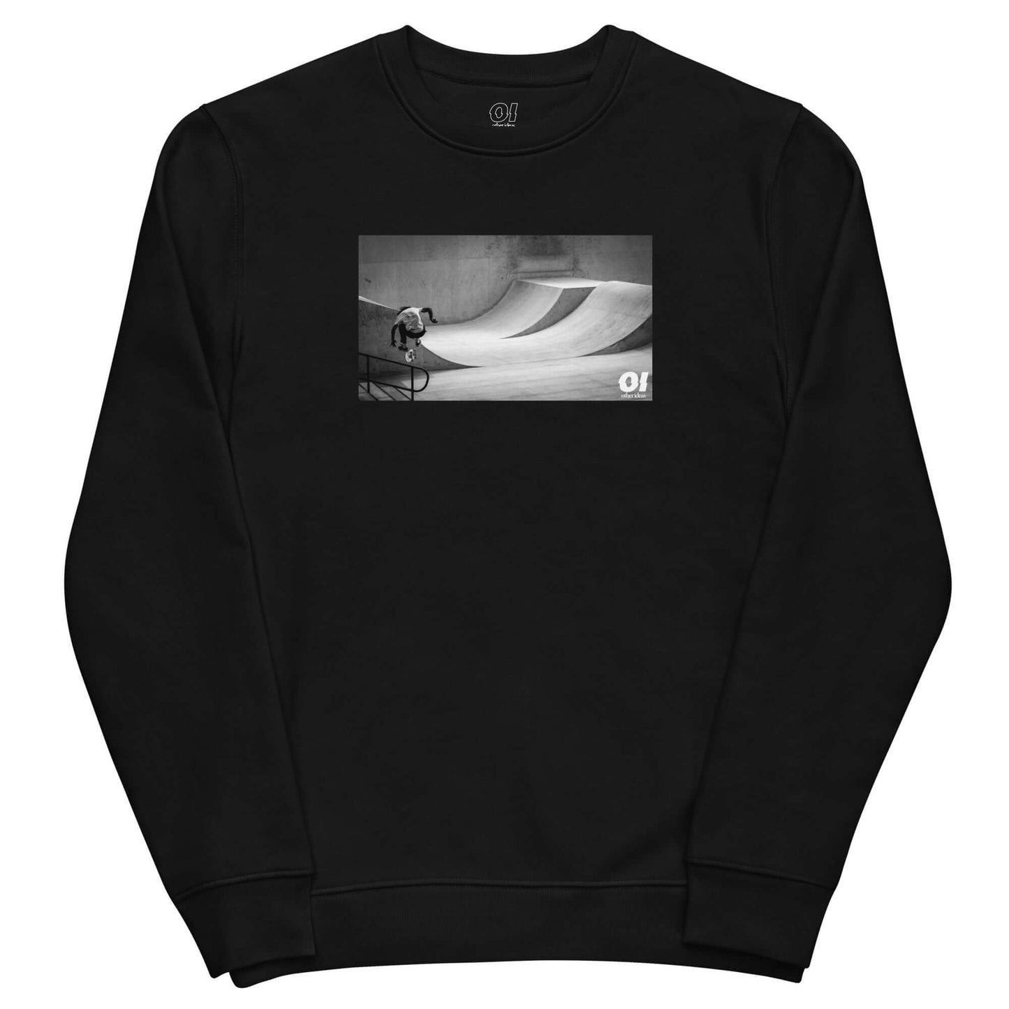 other ideas eco streetwear women's classic black sweatshirt with skateboarding jump photo print organic cotton blend jersey sustainable slow fashion flat front view