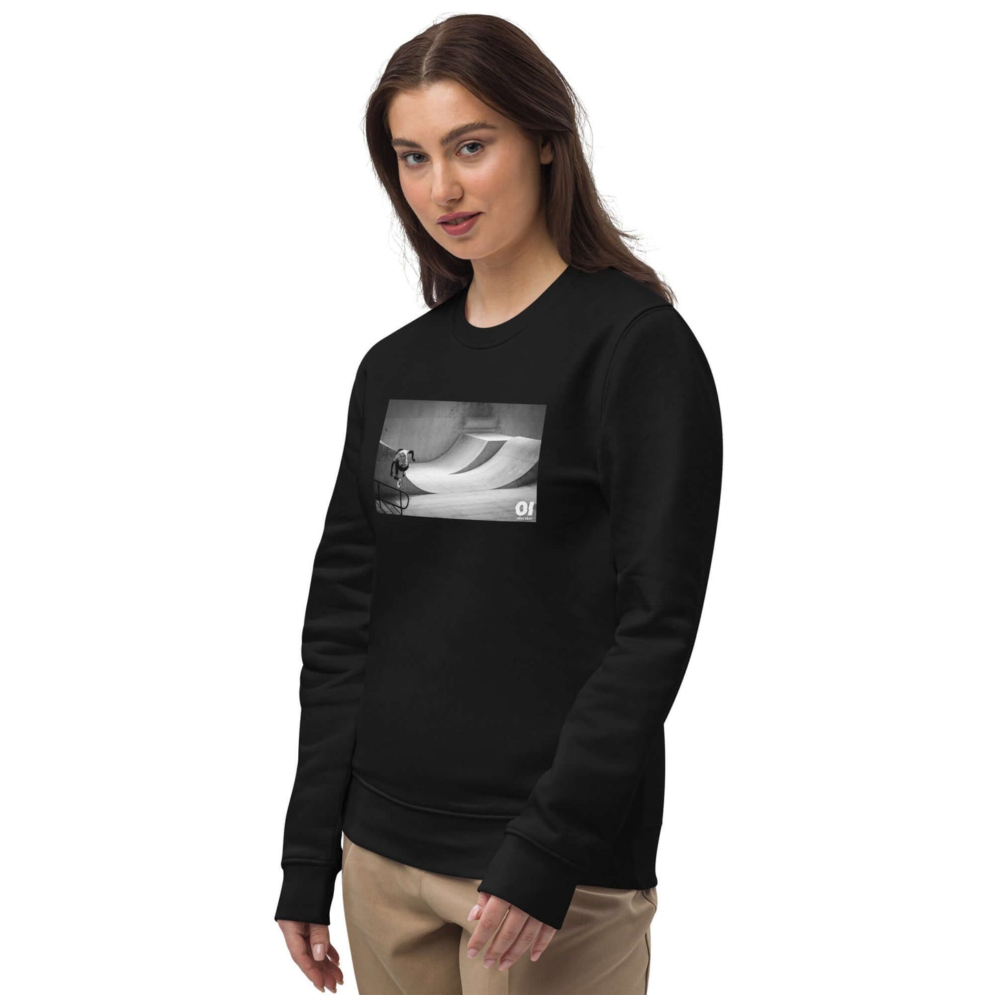 other ideas eco streetwear women's classic black sweatshirt with skateboarding jump photo print organic cotton blend jersey sustainable slow fashion modelled front view