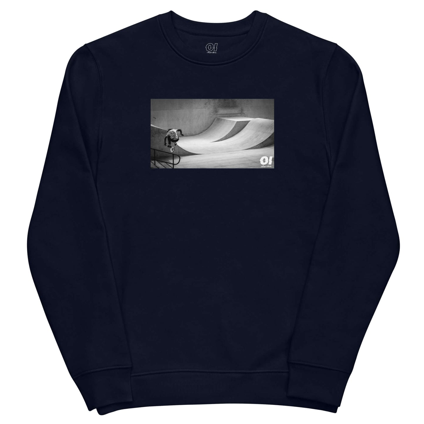 other ideas eco streetwear women's classic french navy blue sweatshirt with skateboarding jump photo print organic cotton blend jersey sustainable slow fashion flat front view