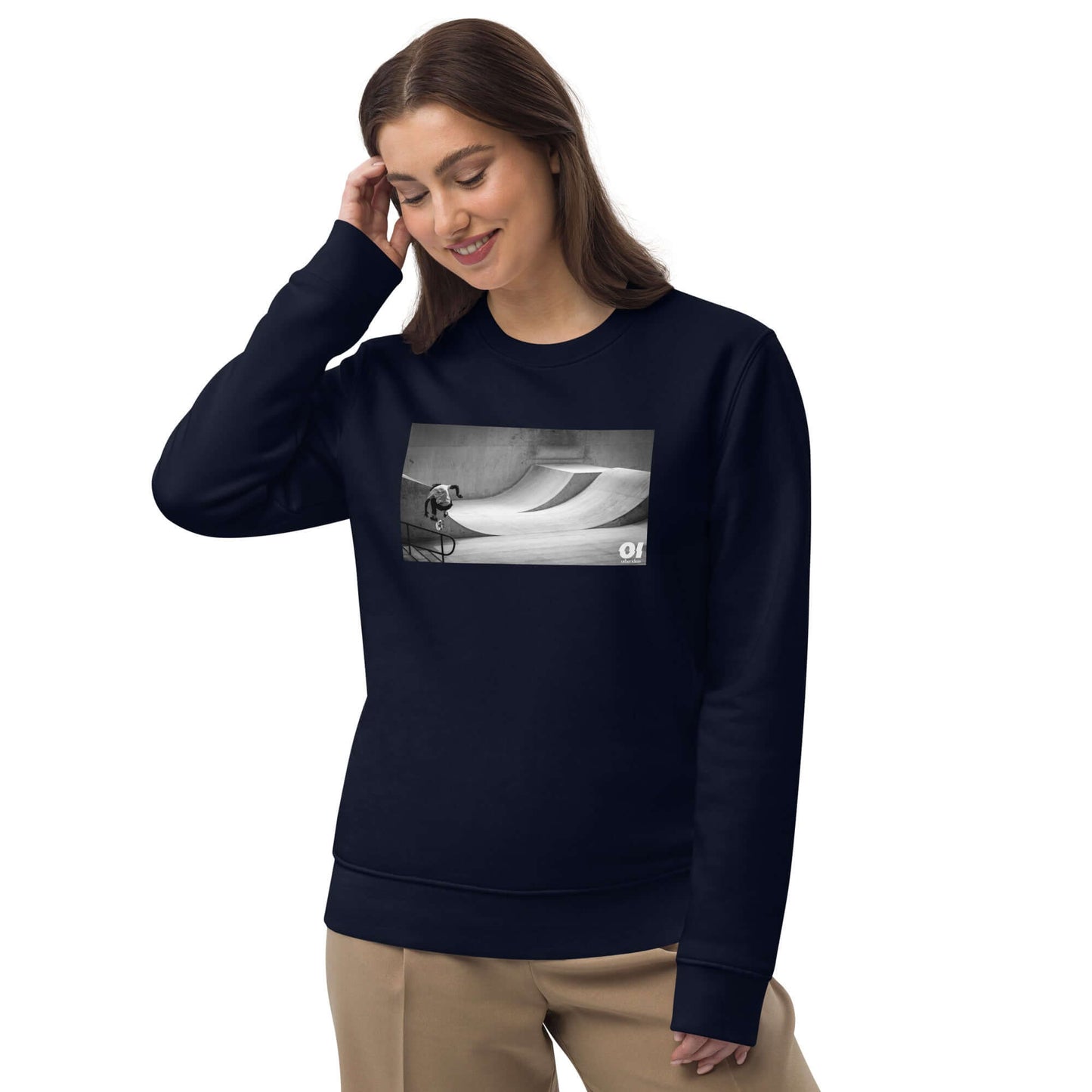 other ideas eco streetwear women's classic french navy blue sweatshirt with skateboarding jump photo print organic cotton blend jersey sustainable slow fashion modelled front view