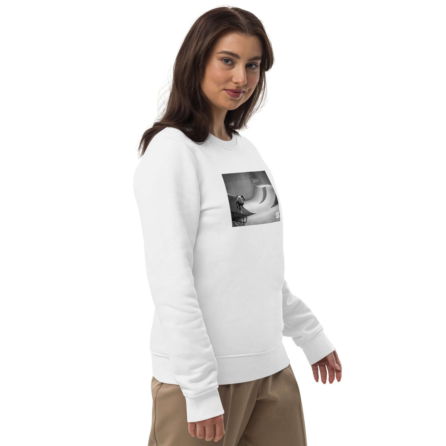 other ideas eco streetwear women's classic white sweatshirt with skateboarding jump photo print organic cotton blend jersey sustainable slow fashion modelled front view