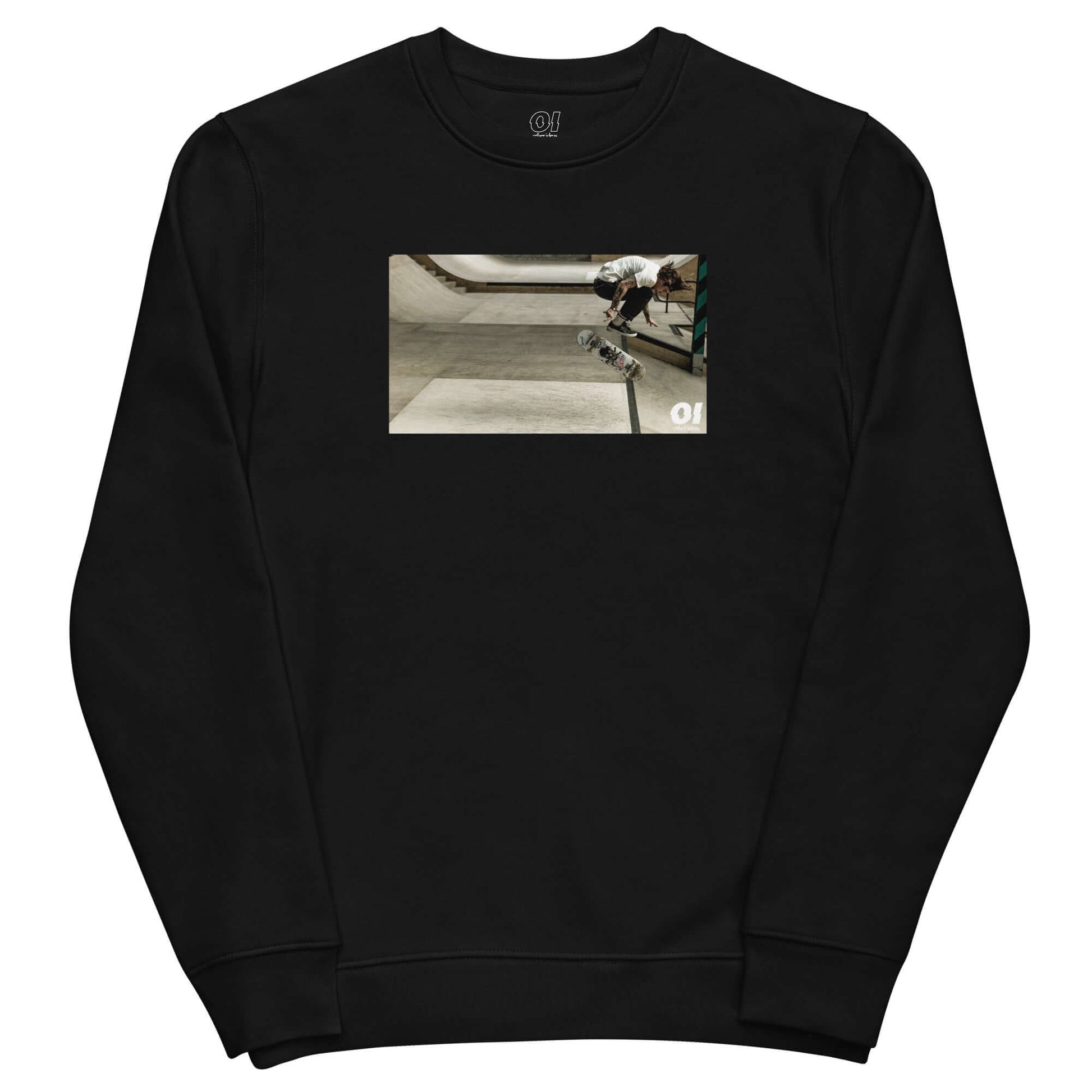 other ideas eco streetwear women's classic black sweatshirt with colour skateboarding ollie flip photo print organic cotton blend jersey sustainable slow fashion flat front view