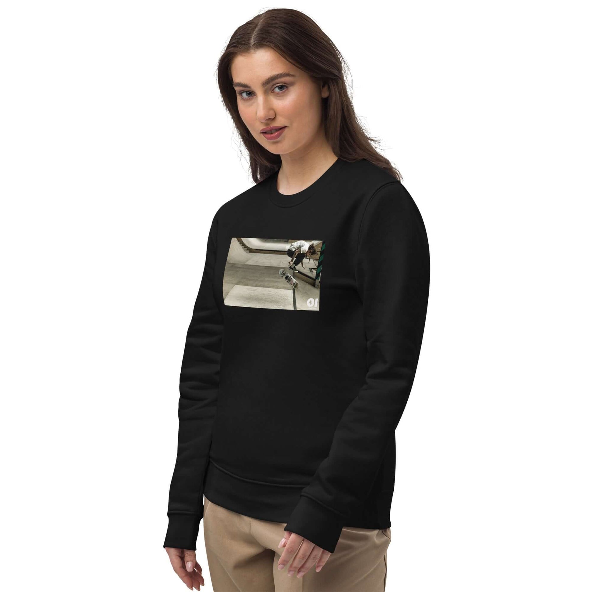 other ideas eco streetwear women's classic black sweatshirt with colour skateboarding ollie flip photo print organic cotton blend jersey sustainable slow fashion modelled front view