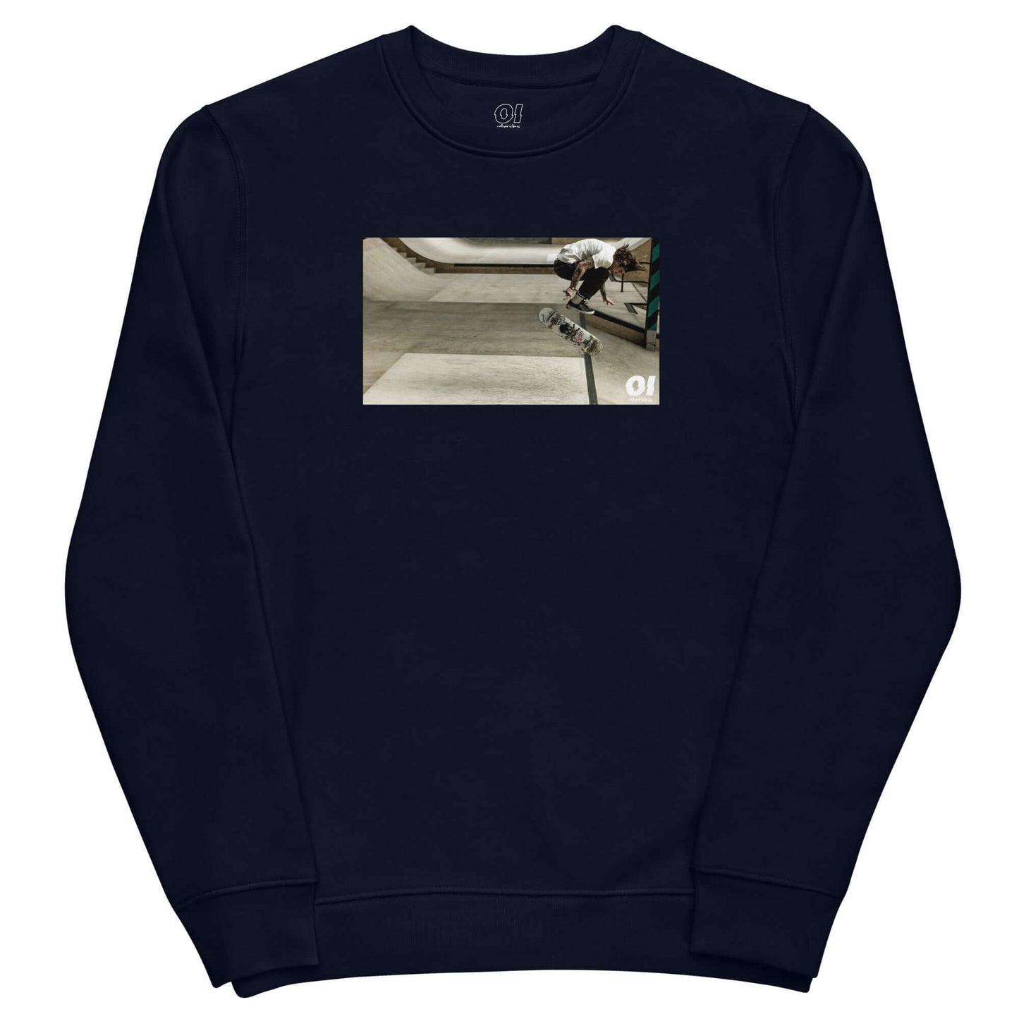 other ideas eco streetwear women's classic french navy blue sweatshirt with colour skateboarding ollie flip photo print organic cotton blend jersey sustainable slow fashion flat front view