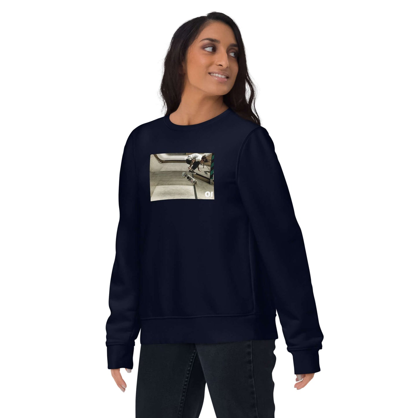 other ideas eco streetwear women's classic french navy blue sweatshirt with colour skateboarding ollie flip photo print organic cotton blend jersey sustainable slow fashion modelled front view