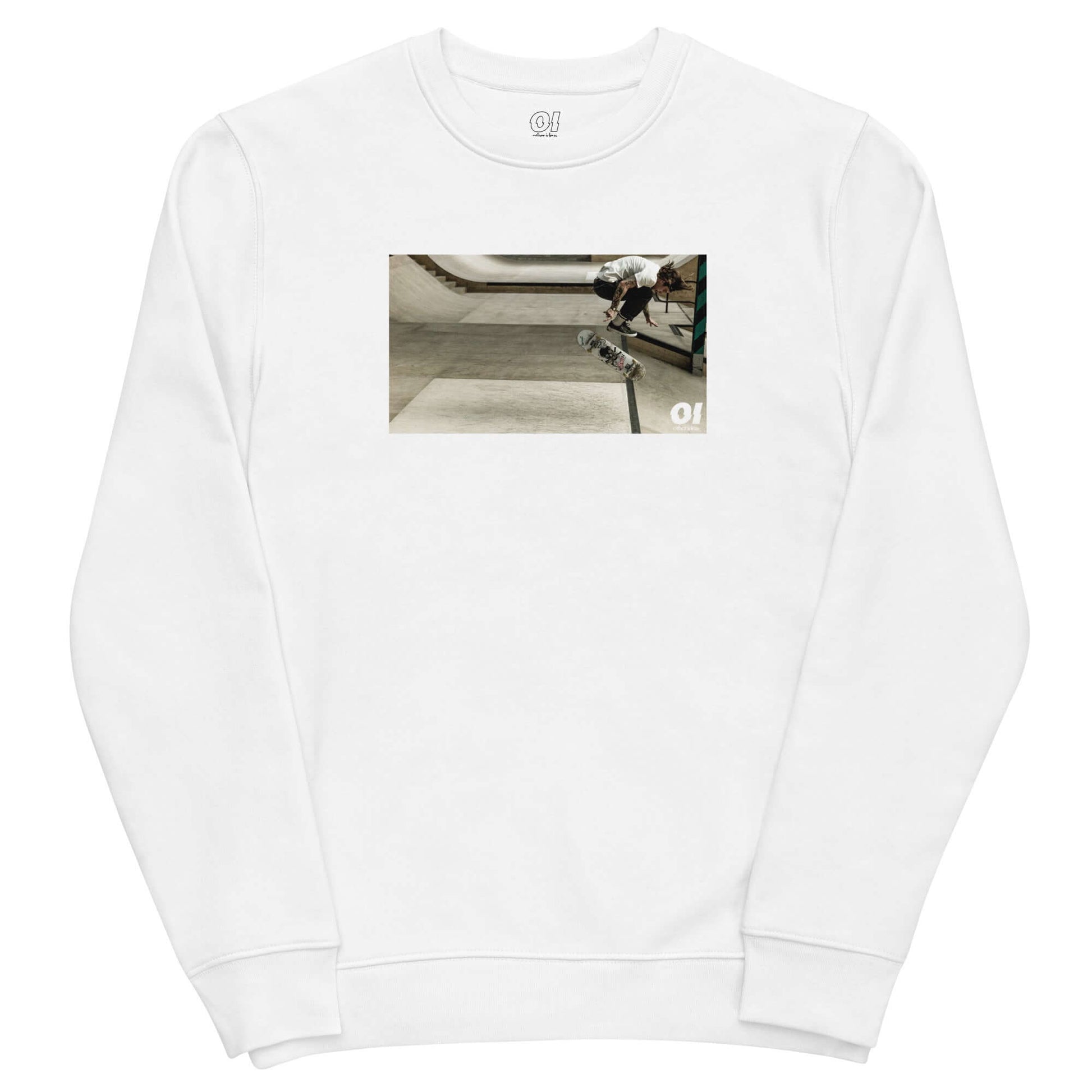 other ideas eco streetwear women's classic white sweatshirt with colour skateboarding ollie flip photo print organic cotton blend jersey sustainable slow fashion flat front view