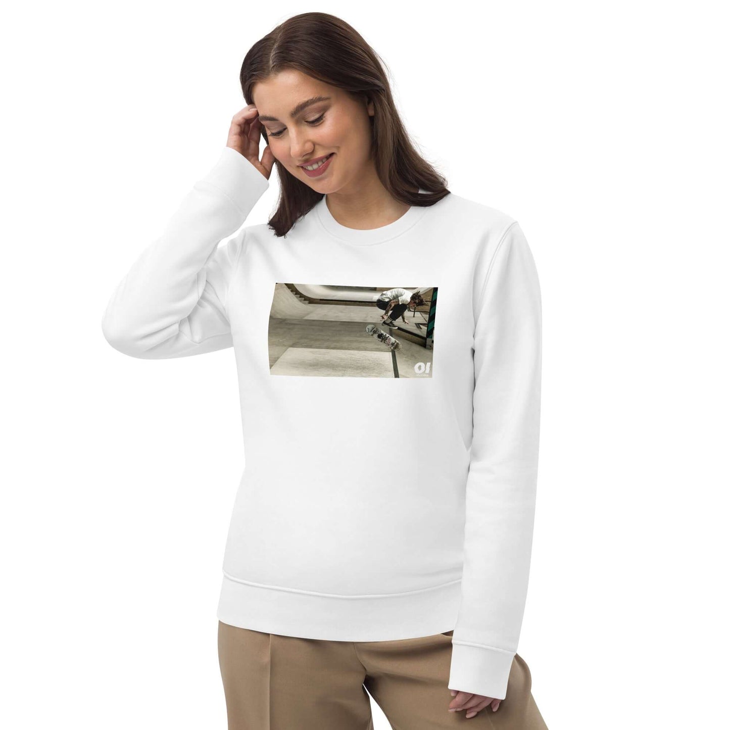 other ideas eco streetwear women's classic white sweatshirt with colour skateboarding ollie flip photo print organic cotton blend jersey sustainable slow fashion modelled front view