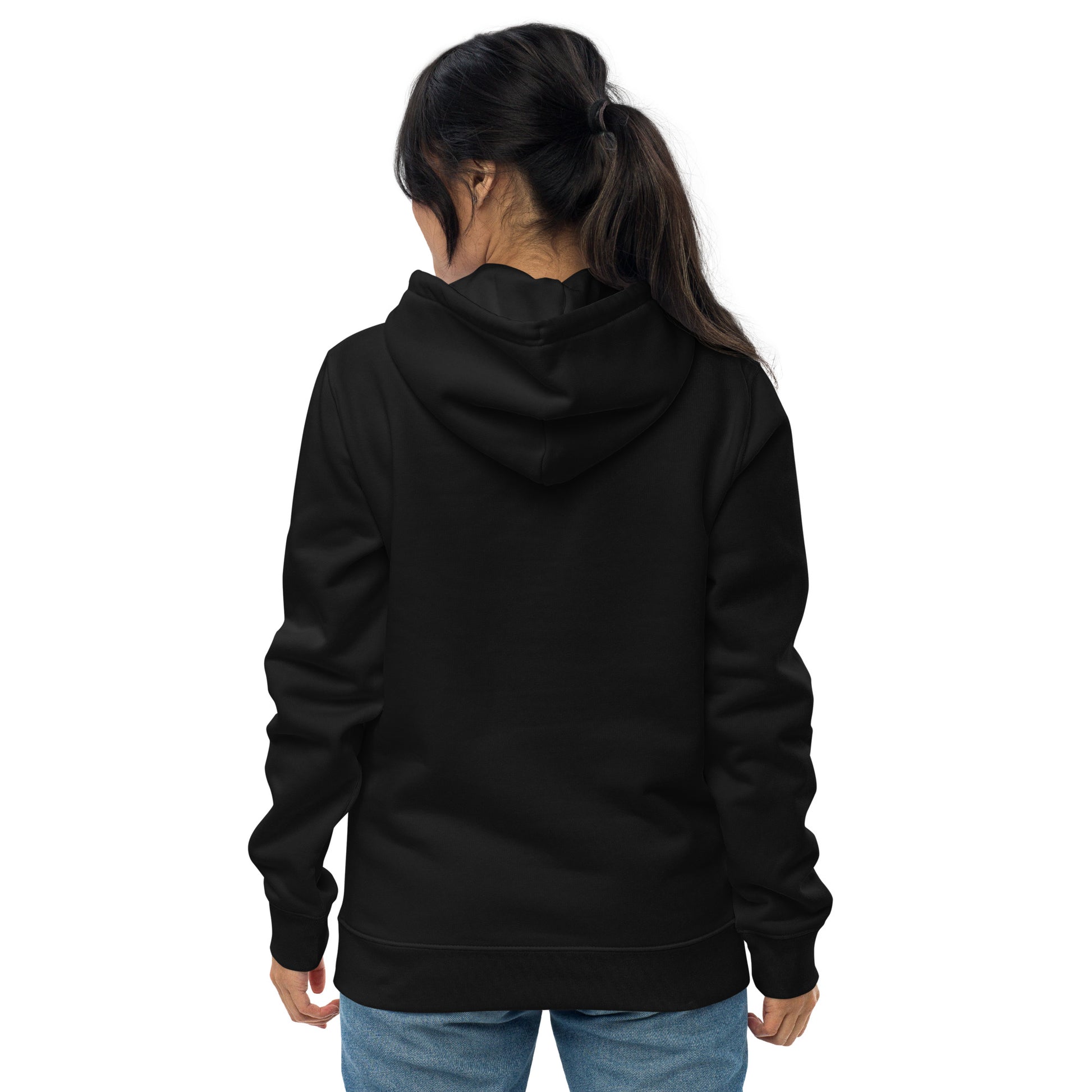 other ideas eco streetwear women's classic black sweatshirt hoodie with skateboarding air photo print organic cotton blend jersey sustainable slow fashion modelled back view with hood down