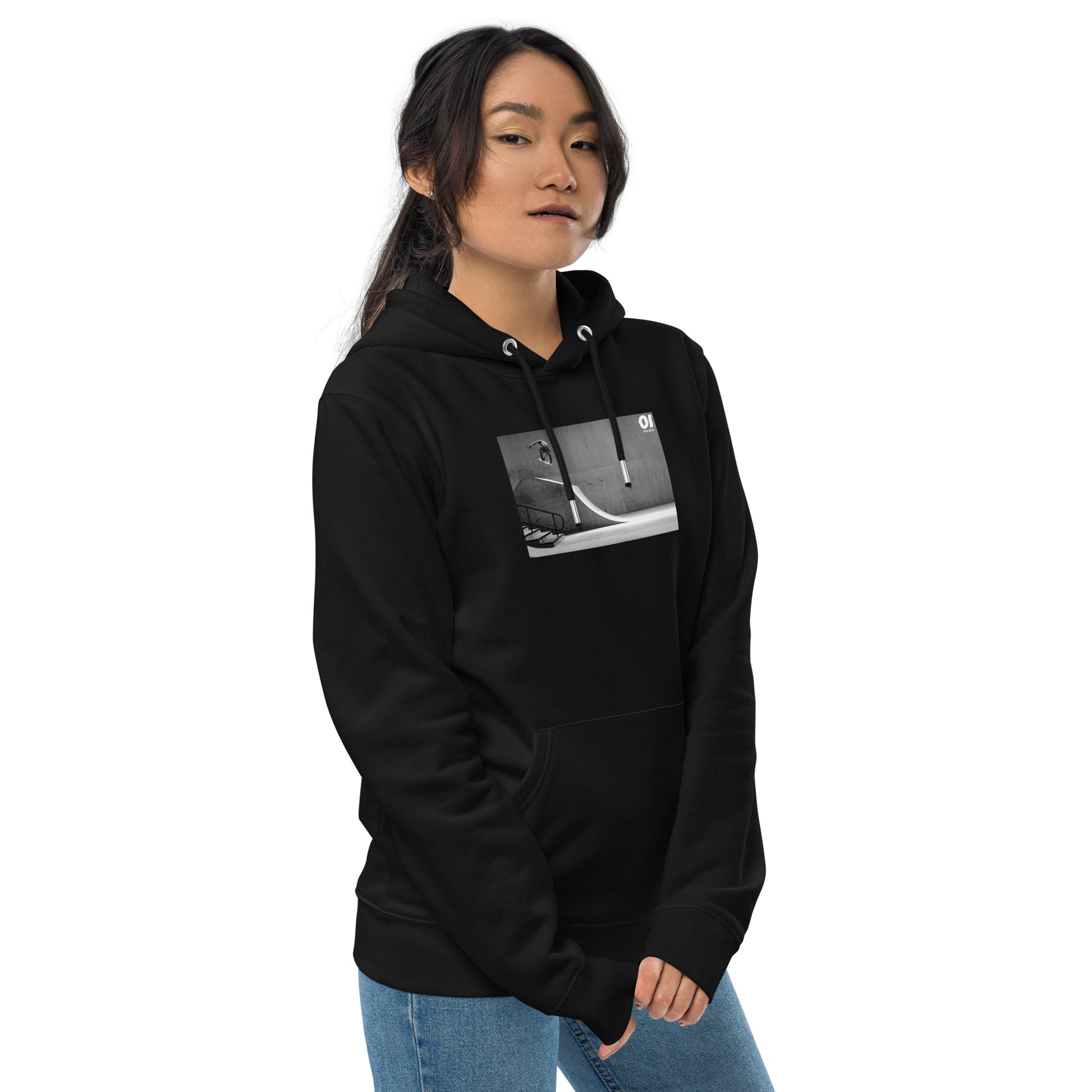 other ideas eco streetwear women's classic black sweatshirt hoodie with skateboarding air photo print organic cotton blend jersey sustainable slow fashion modelled front view with hood down