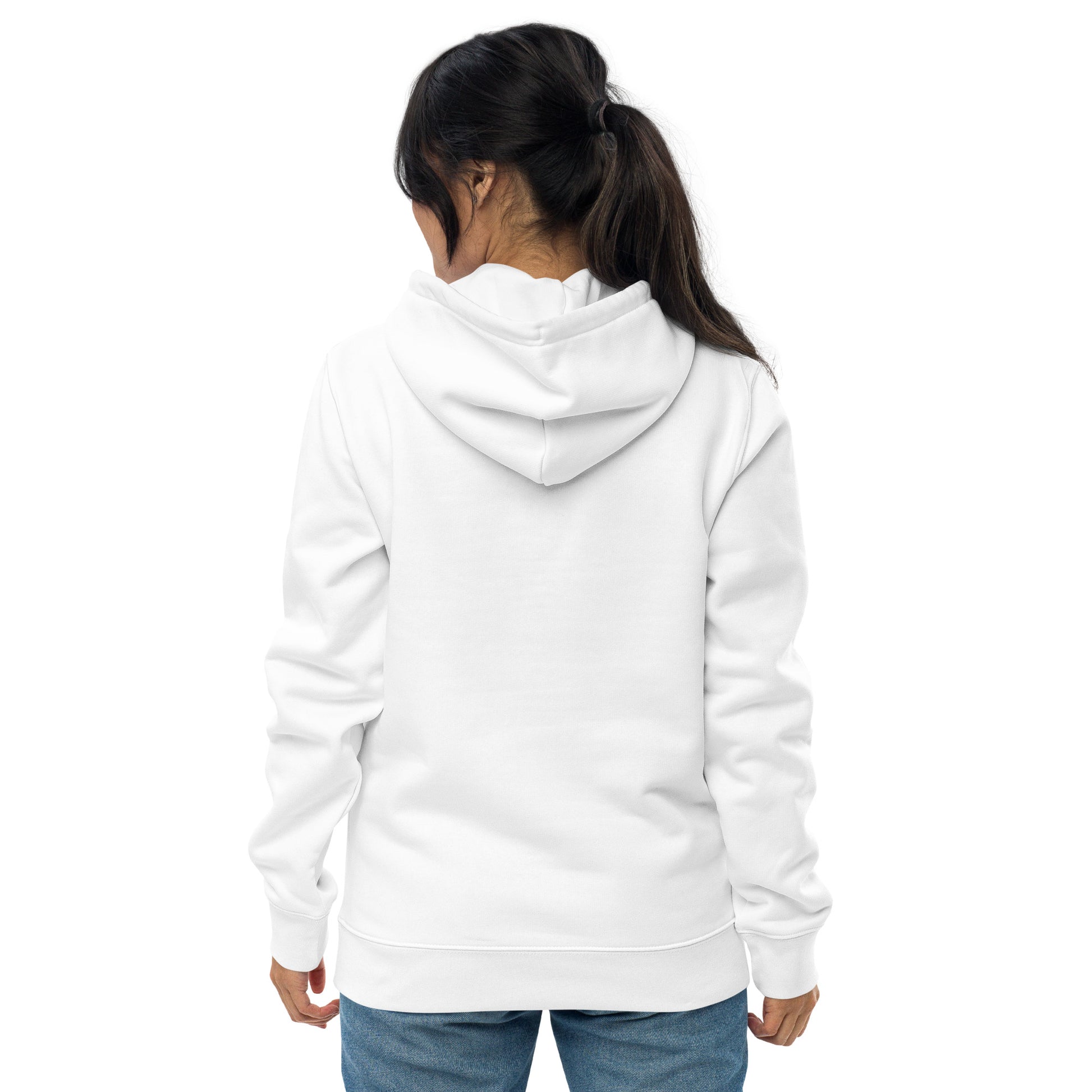 other ideas eco streetwear women's classic white sweatshirt hoodie with skateboarding air photo print organic cotton blend jersey sustainable slow fashion modelled back view with hood down