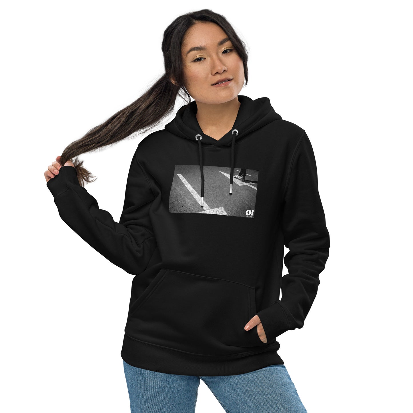 other ideas eco streetwear women's classic black sweatshirt hoodie with steet style skateboarding arrows photo print organic cotton blend jersey sustainable slow fashion modelled front view with hood down