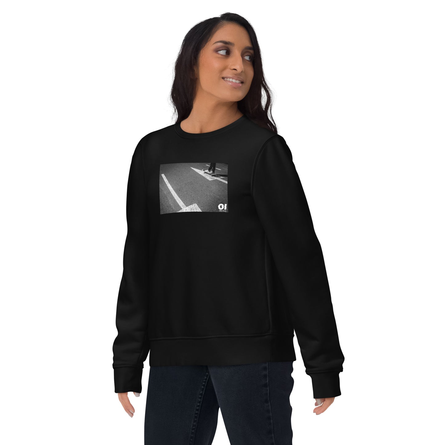 other ideas eco streetwear women's classic black sweatshirt with skateboarding arrows photo print organic cotton blend jersey sustainable slow fashion modelled front view