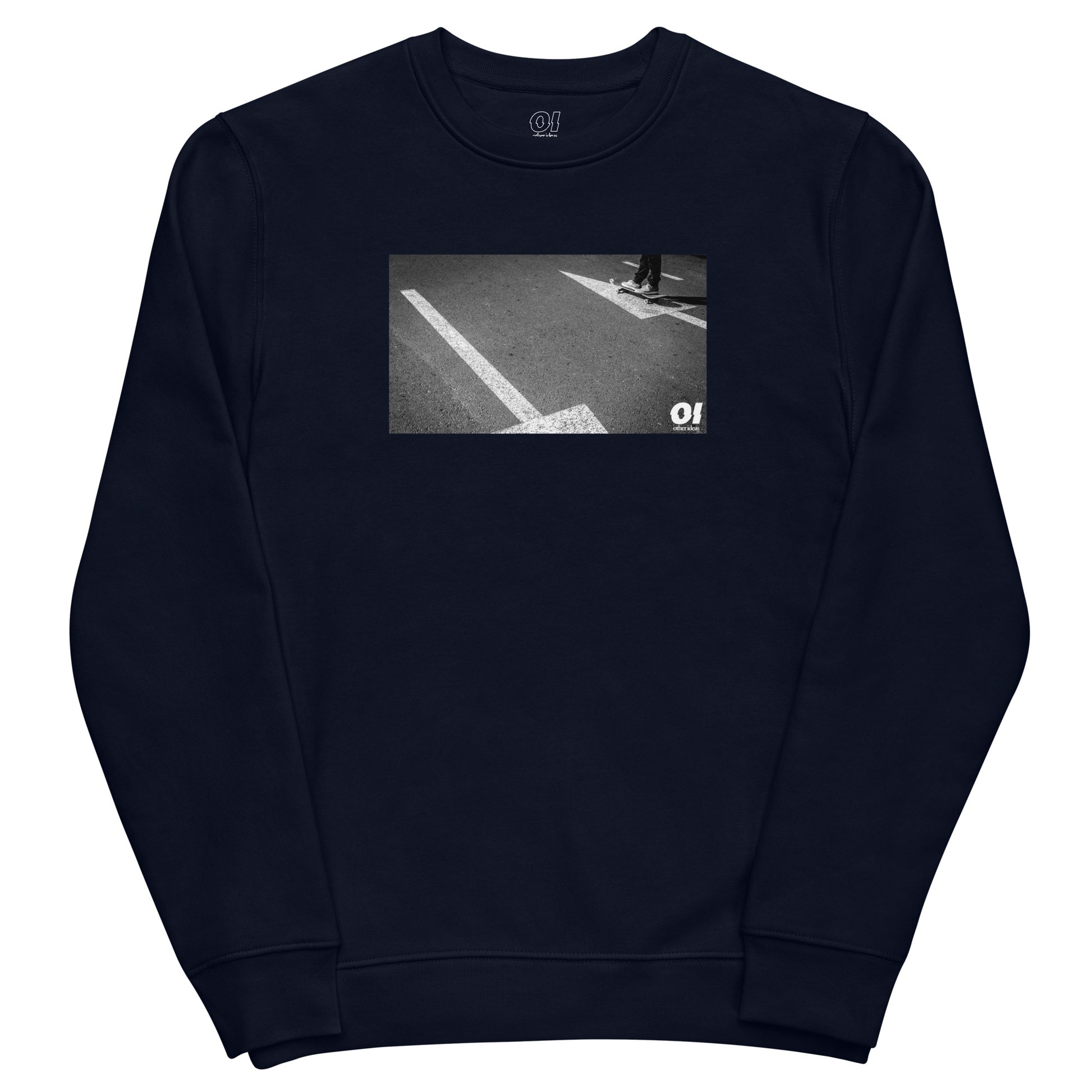 other ideas eco streetwear women's classic french navy blue sweatshirt with skateboarding arrows photo print organic cotton blend jersey sustainable slow fashion flat front view