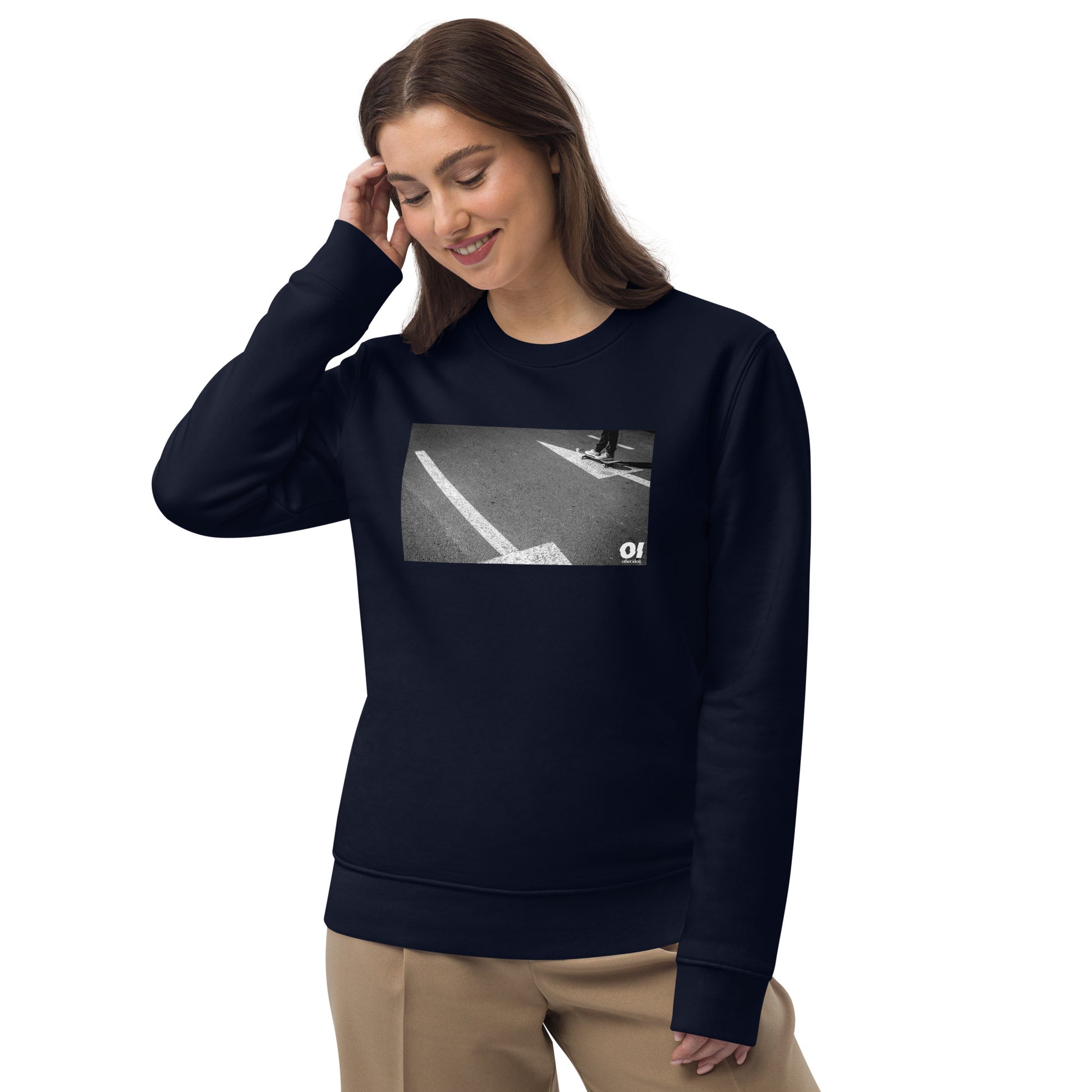 other ideas eco streetwear women's classic french navy sweatshirt with skateboarding arrows photo print organic cotton blend jersey sustainable slow fashion modelled front view