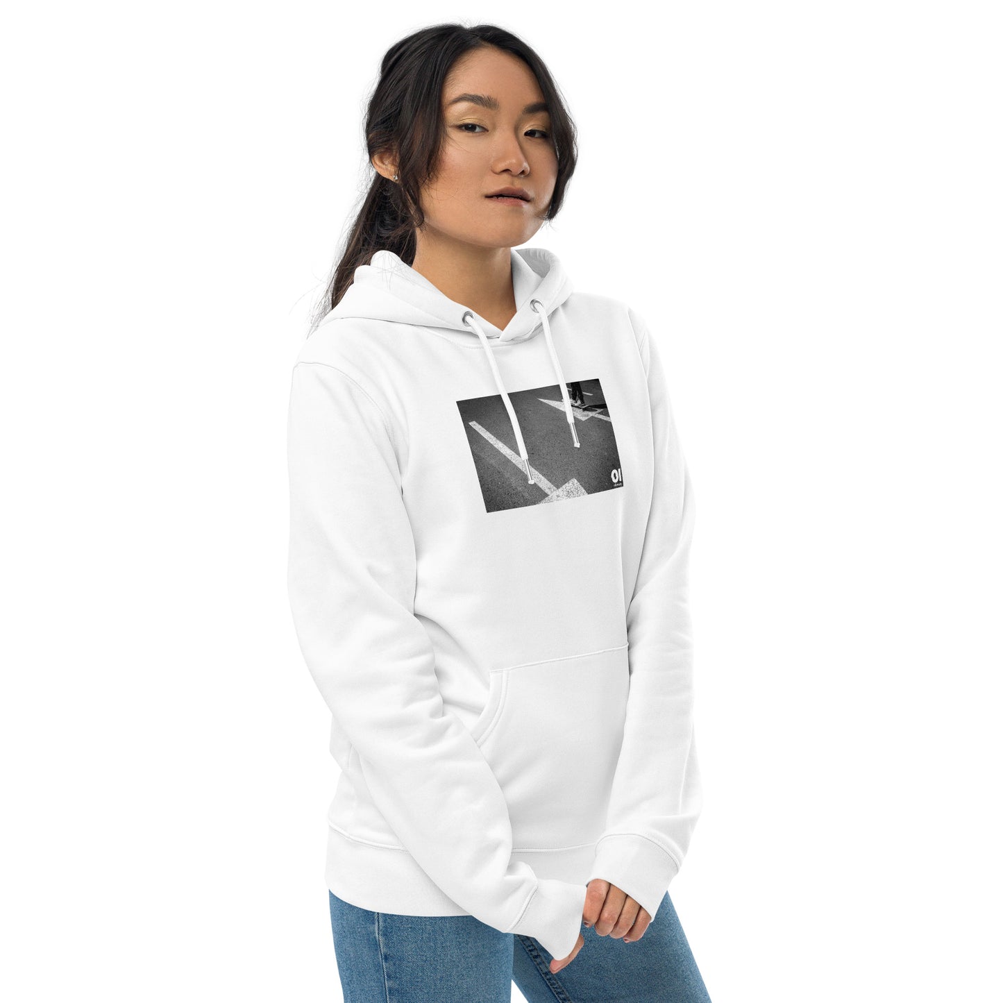 other ideas eco streetwear women's classic white sweatshirt hoodie with steet style skateboarding arrows photo print organic cotton blend jersey sustainable slow fashion modelled front view with hood down