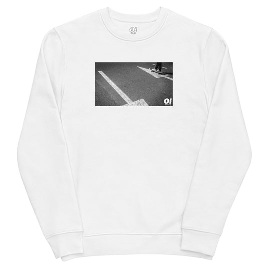 other ideas eco streetwear women's classic white sweatshirt with skateboarding arrows photo print organic cotton blend jersey sustainable slow fashion flat front view