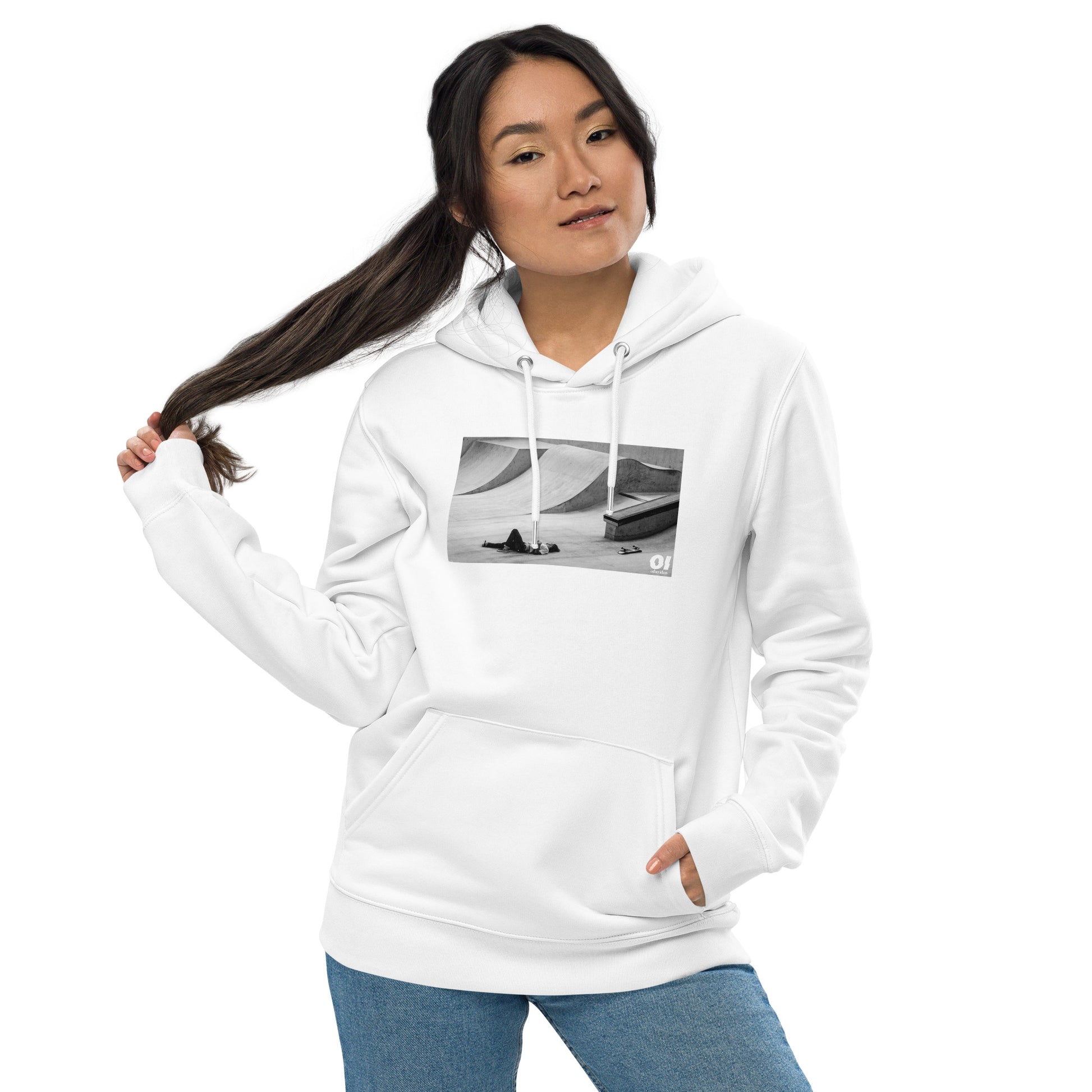 other ideas eco streetwear women's classic white sweatshirt hoodie with skateboarding fall photo print organic cotton blend jersey sustainable slow fashion modelled front view with hood down