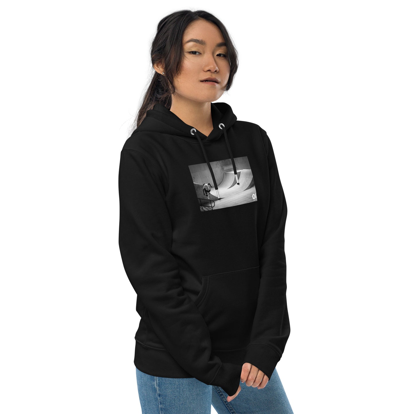 other ideas eco streetwear women's classic black sweatshirt hoodie with skateboarding jump photo print organic cotton blend jersey sustainable slow fashion modelled from the front view with hood down